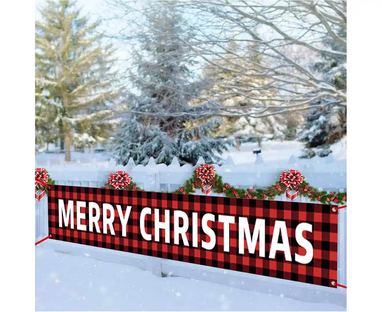 Large Merry Christmas Banner, Red Buffalo Plaid Xmas Sign with Snowman Xmas Tree Pattern for Christmas Party, Outdoor Indoor Decoration, 9.8 X 1.6 Feet