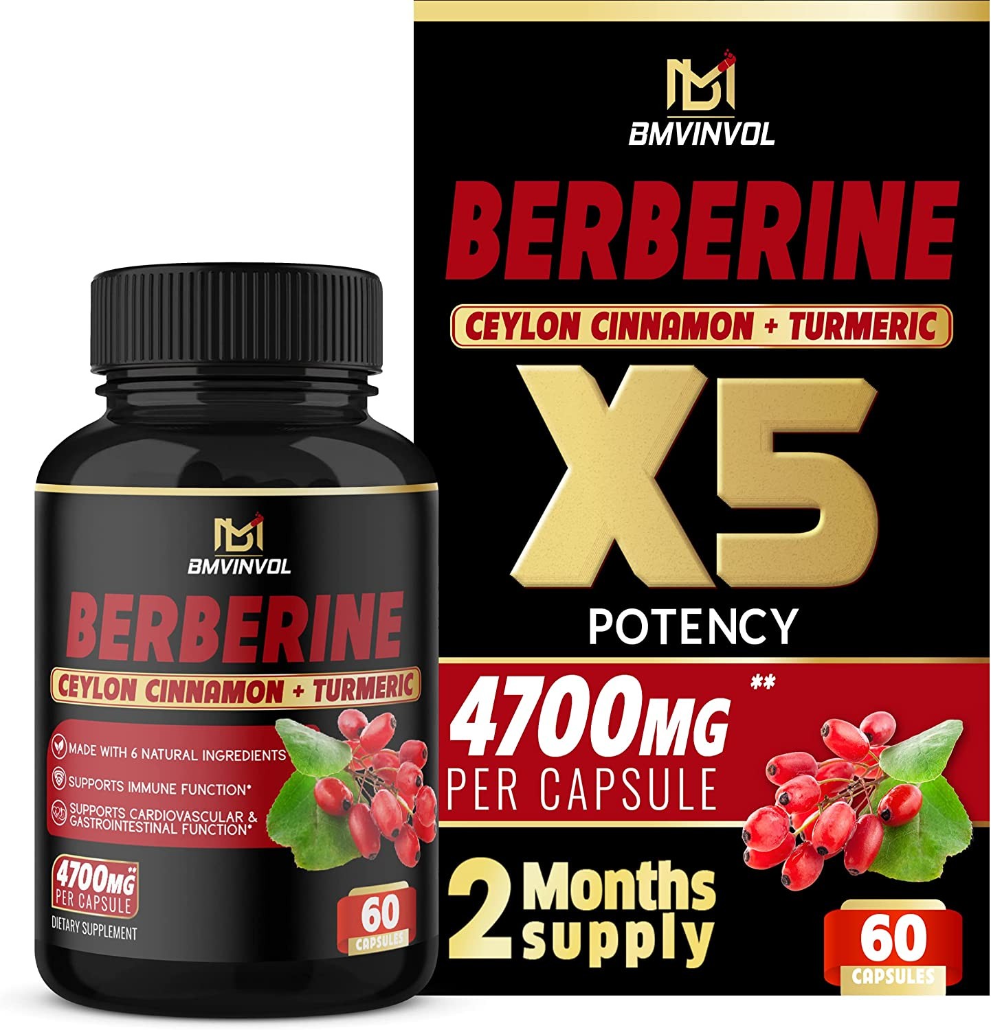 Berberine Supplement 4700Mg – Supports Immune Function, Improves Cardiovascular Heart & Gastrointestinal Wellness – Berberine HCI Supplement – 60 Capsules*