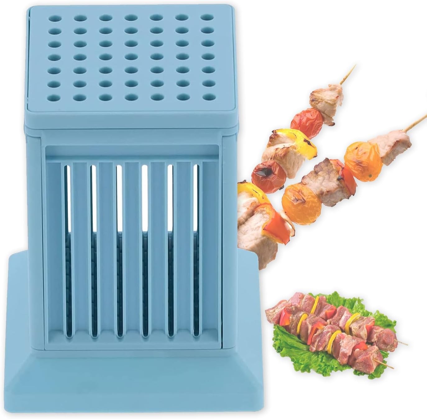 Hapivida 49 Holes Barbecue Skewers Maker, Kebab Making Box Grill Meat Slicers BBQ Skewer Tool, Brochette Maker Kit for Kitchen Outdoor Blue