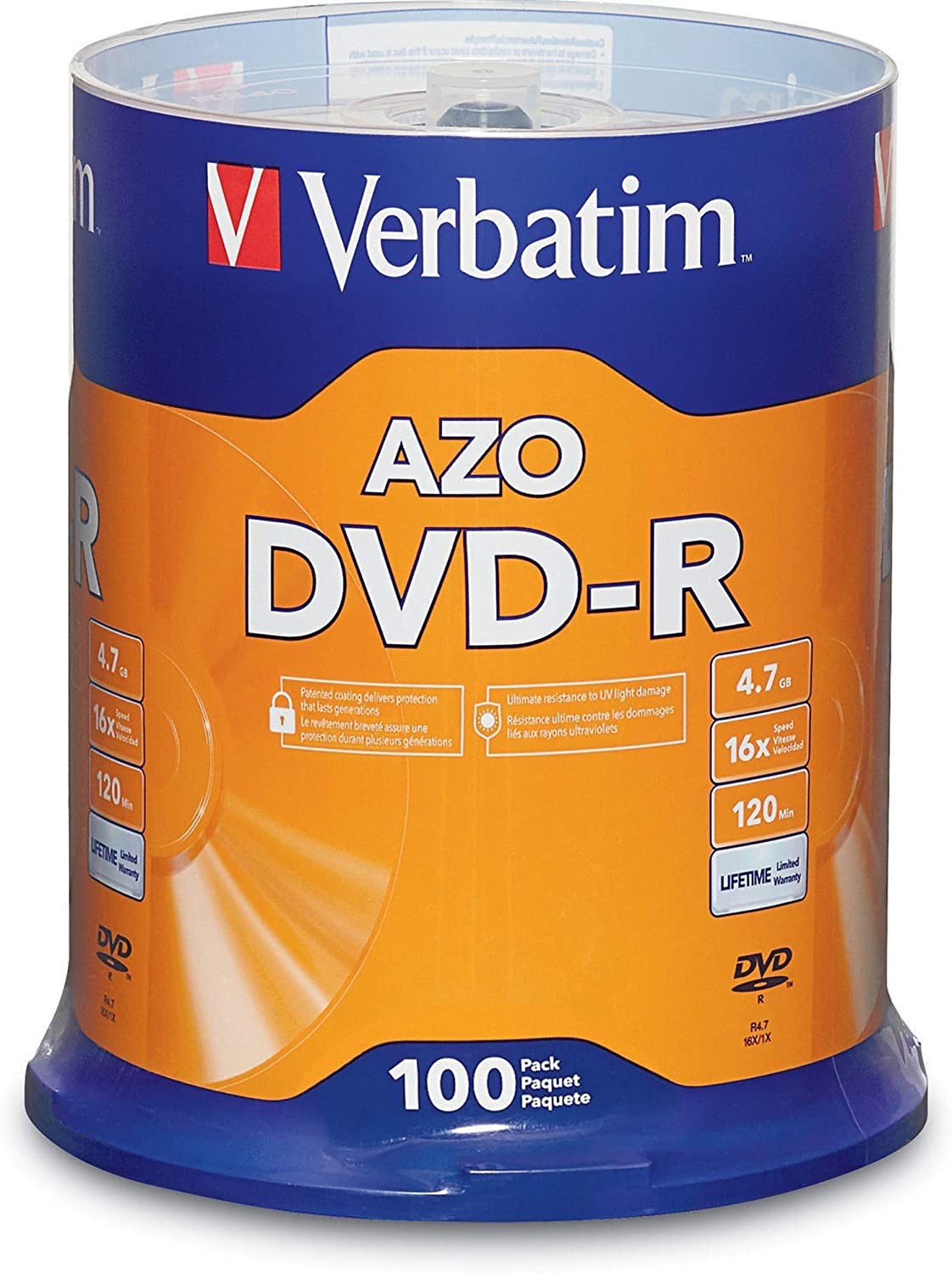 Verbatim 4.7GB up to 16X Recordable Disc DVD-R 100-Disc Spindle 95102,Silver