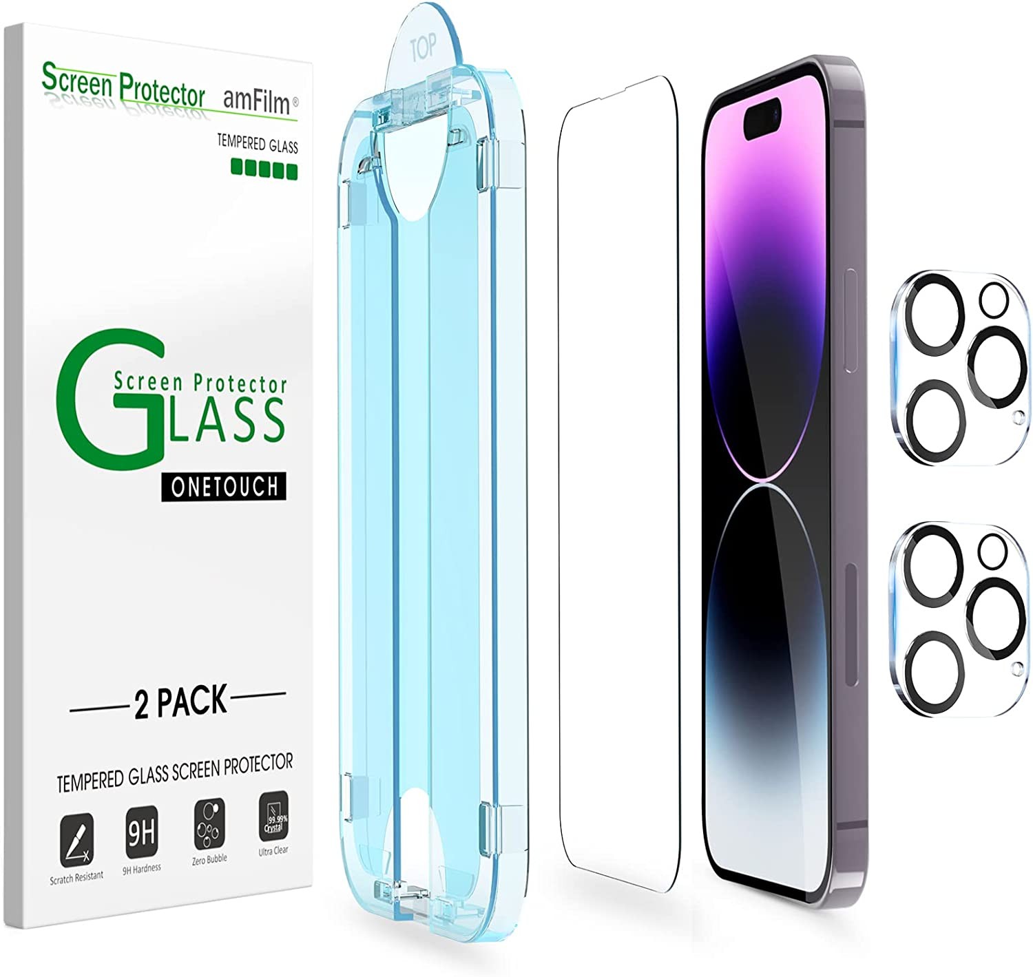 [2+2 Pack] Amfilm Onetouch for Iphone 14 Pro 6.1″ Glass Screen Protector with Camera Lens Protector. Easiest to Installation, Bubble Free and Full Coverage Case Friendly