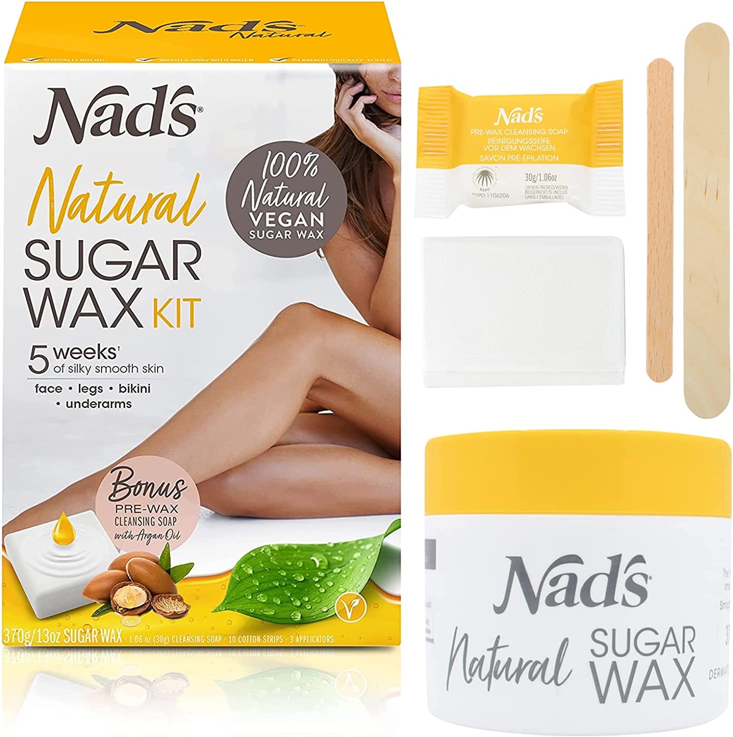 Nad’S 100% Natural Vegan Sugar Wax Kit, Hair Removal Sugar Wax, Hypoallergenic, No-Heat Formula Waxing Sugar Paste, 370G