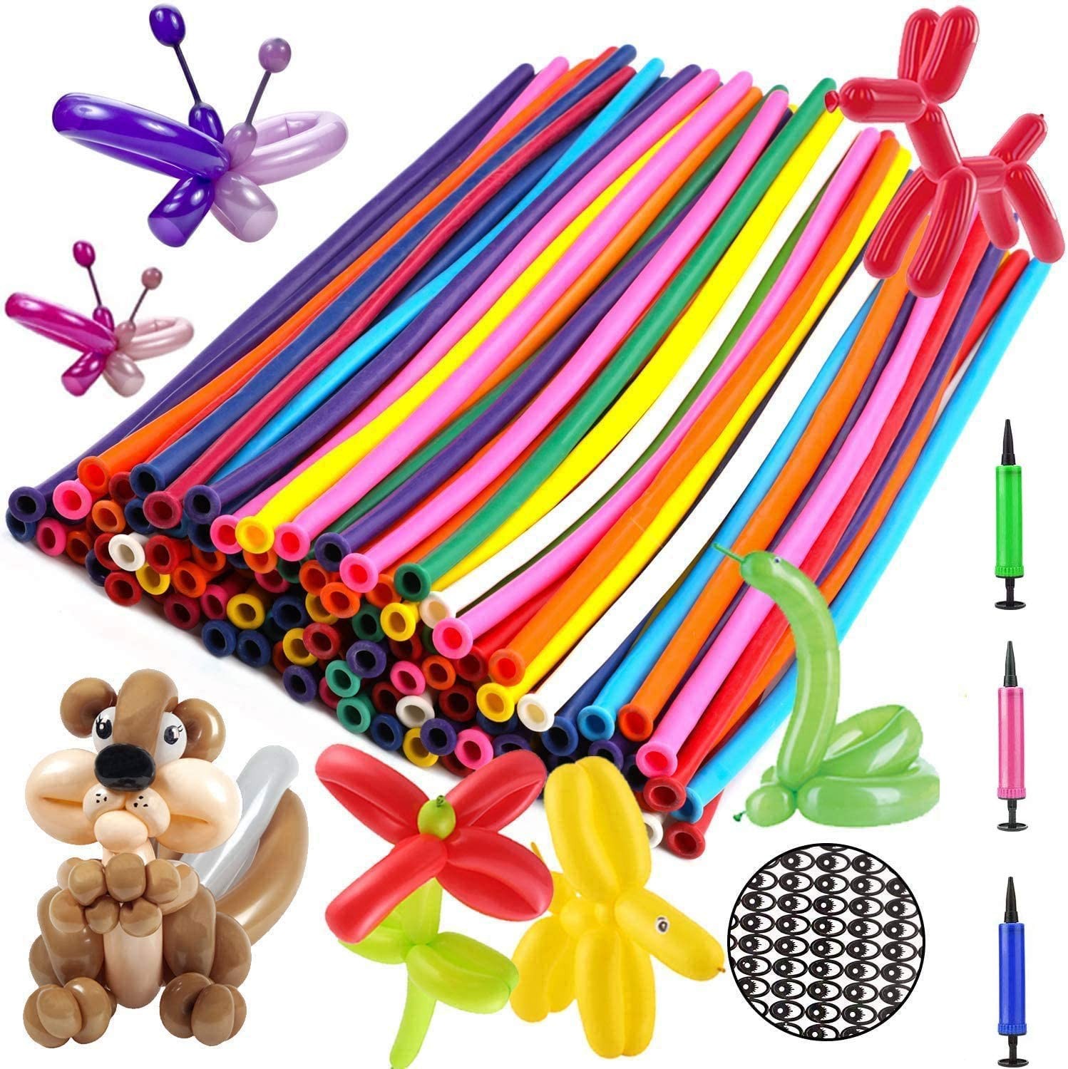 Balloon Animals Kit Twisting Balloons (100Pcs) with Unbreakable Air Pump – OOTSR 260Q Latex Long Balloons for Animal Shape Party, Birthday, Clowns, Wedding Decorations W/Eye Stickers and Hand Pump