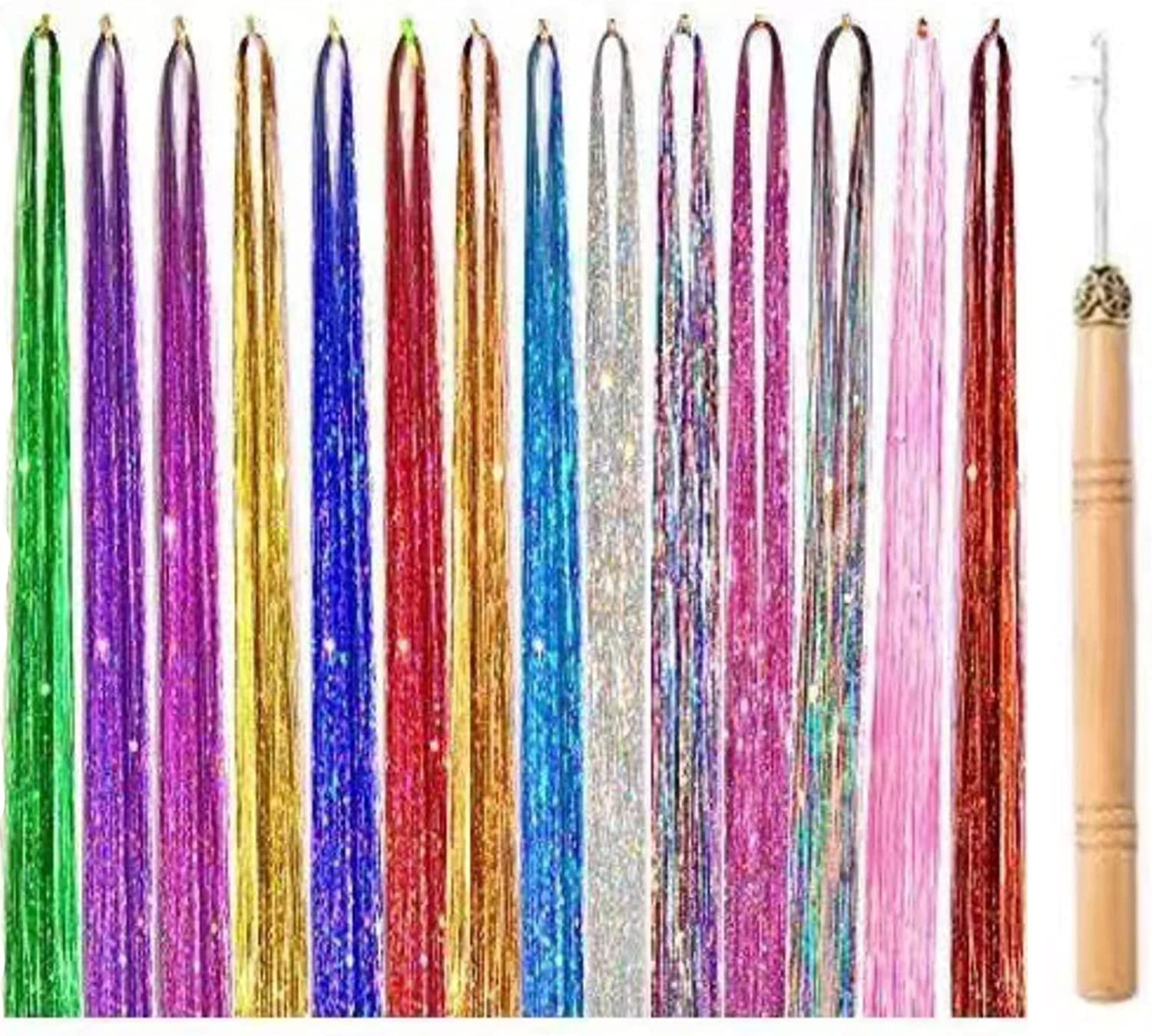 Hair Tinsel Strands Kit with Tools, MH MOIHSING 14 Pcs 3000 Strands Fairy Hair Tinsel Heat Resistant Sparkling Shiny Giltter Hair Extensions for Women Girls Christmas Halloween (14 Color/Set, 47 Inch)