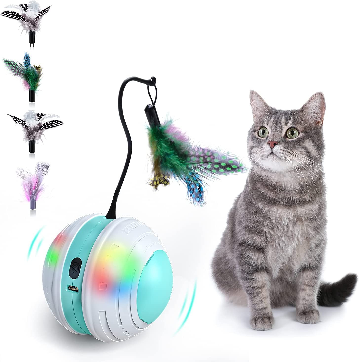 Bluefire Interactive Cat Toys for Indoor Cats, 360° Self Rotating Cat Toy Balls with Feathers, Bird Sound & LED Lights, Feather Teaser Cat Toy for Kitty, Interactive Kitten Toys for Cats Dogs Pets