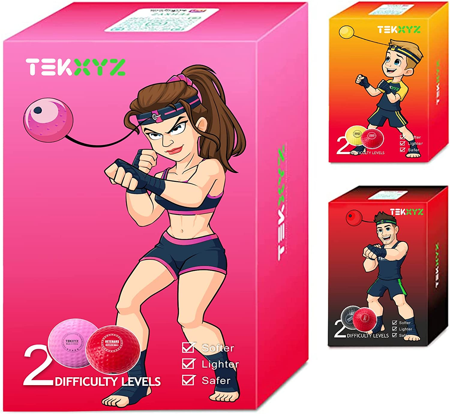 TEKXYZ Boxing Reflex Ball, 3 Difficulty Levels Boxing Ball with Headband,  Softer Than Tennis Ball, Perfect for Reaction, Agility, Punching Speed,  Fight Skill and Hand Eye Coordination Training
