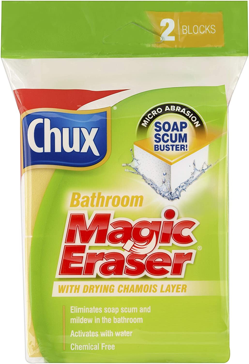 Chux Magic Eraser Bathroom Cleaning Pad with Drying Chamois Layer, Eliminates Soap Scum, 2 Count