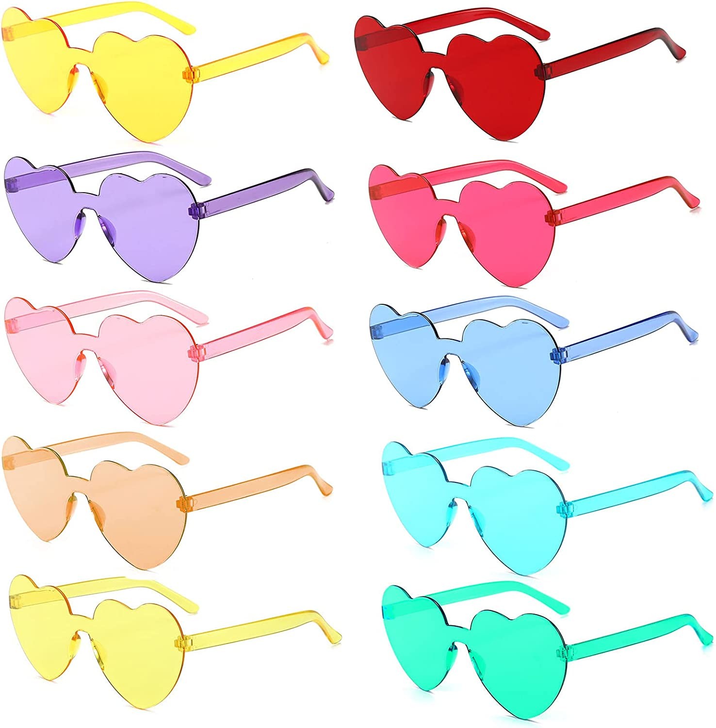 YOMAIDO Party Glasses 10 Pack, Rimless Heart Shaped| Retro round Sunglasses, Multipack Eyewear for Party Fancy Dress Costume, Love Heart| Funky Glasses for Men Women Boys Girls Adults & Kids