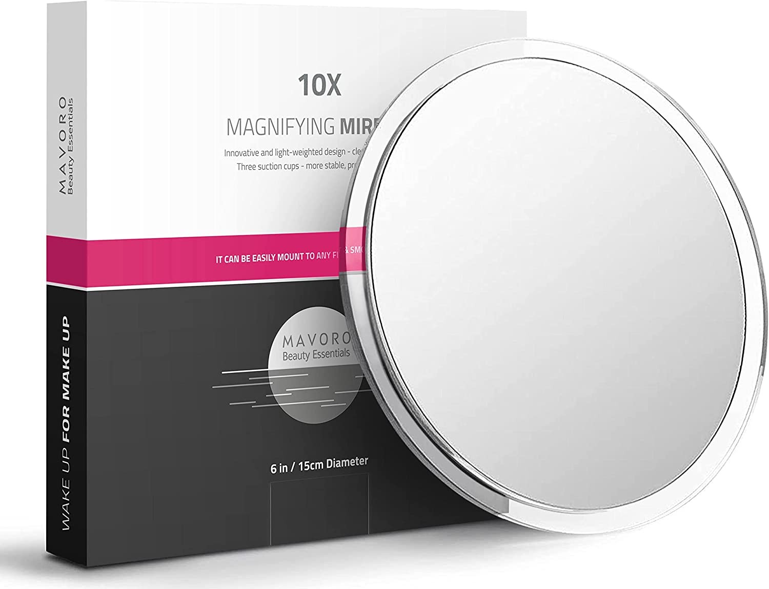 Mavoro Magnifying Mirror with Suction Cups – Triple Suction Cup Stick on Mirror with 10X Magnification. Portable Travel Makeup Mirror, Magnified Cosmetic Mirror. Mirrors for Dorm Decor (10X)