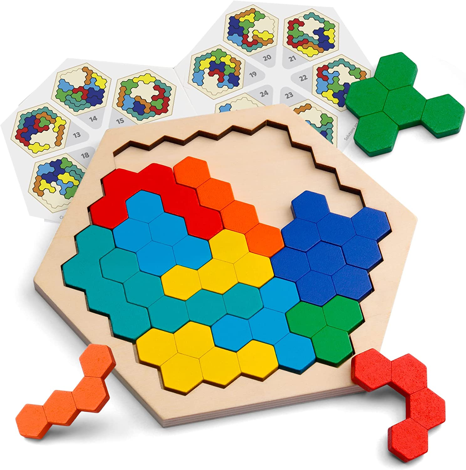 Coogam Wooden Hexagon Puzzle for Kid Adults – Shape Block Tangram Brain Teaser Toy Geometry Logic IQ Game STEM Montessori Educational Ages 3+ Challenge