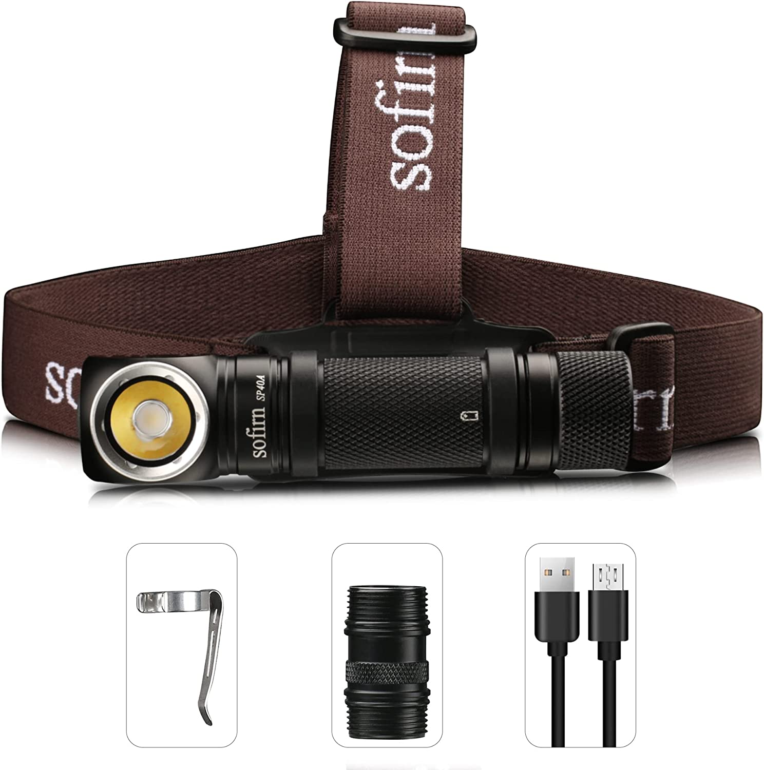 Sofirn SP40A Rechargeable Headlamp, 1200 High Lumen Max Flashlight with LH351D 5000K 90 High CRI LED Headlight, TIR Lens, with a Rechargeable Battery and USB Cable(Sp40A-5000K-Kit)