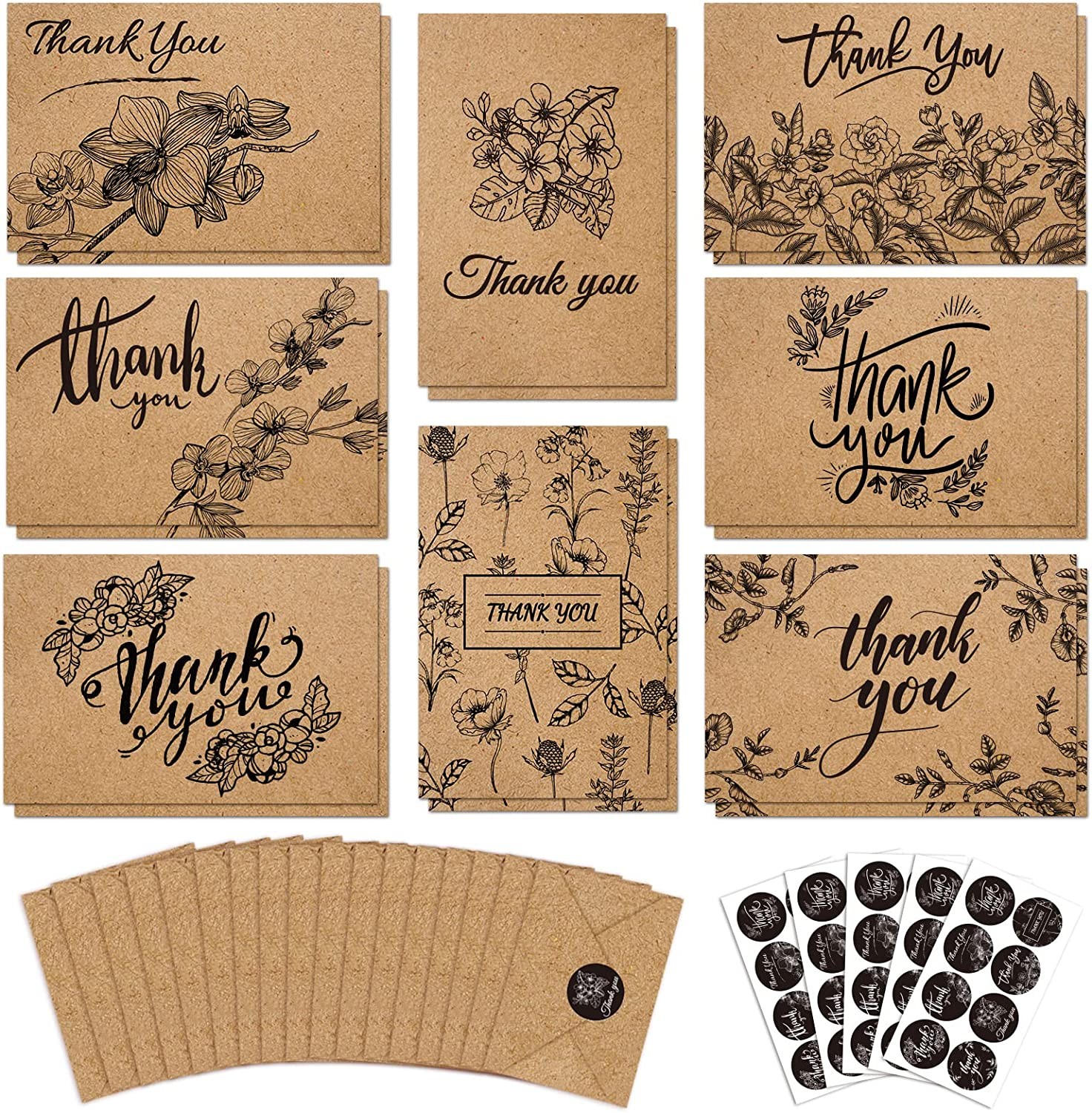 Paper Master 144 Bulk Thank You Cards, 4X6 Inch Brown Kraft Note Cards with Envelopes & Stickers, 8 Elegant Designs Blank Greeting for Wedding, Baby Shower, Graduation, Business and More