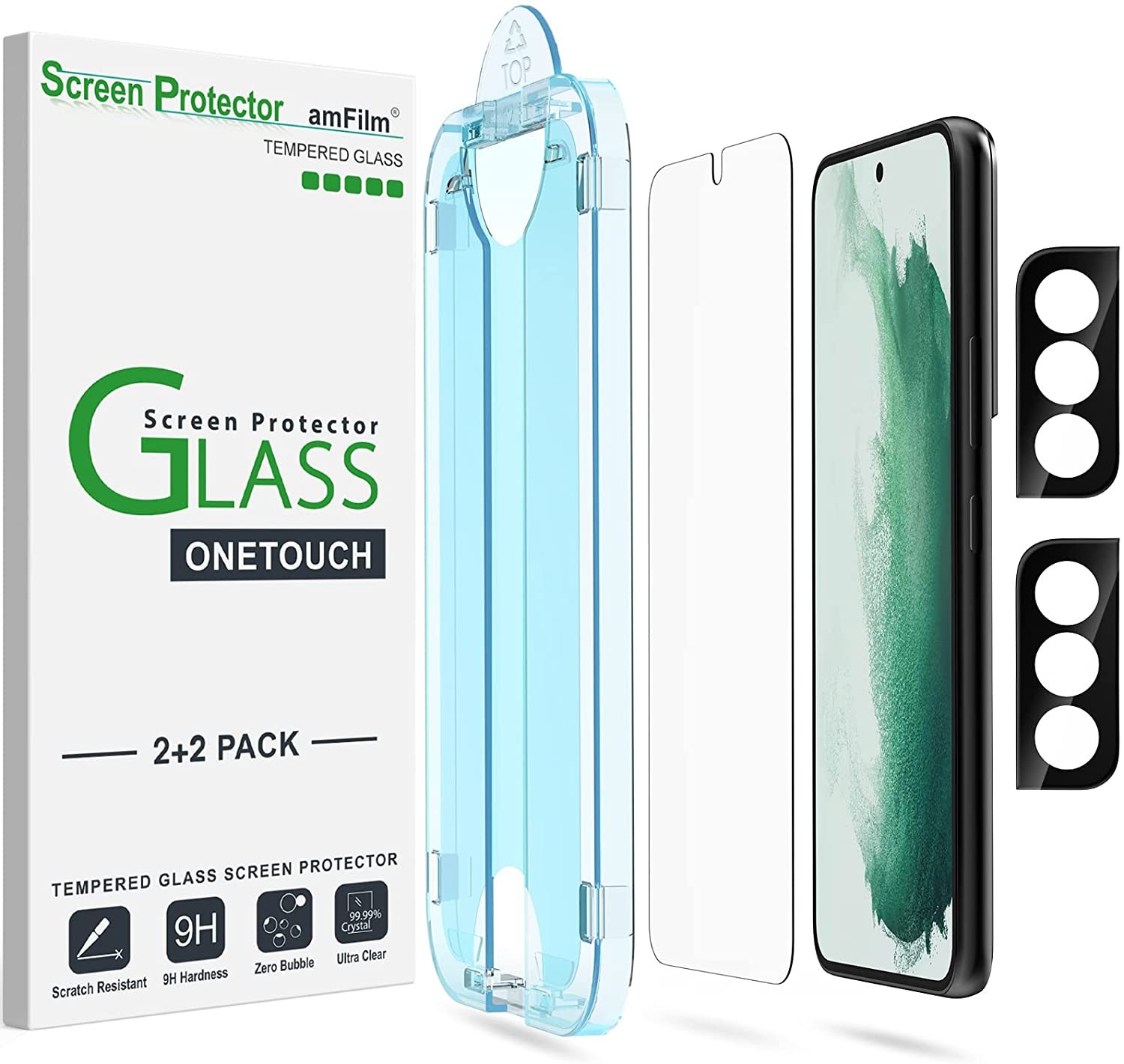 Amfilm 2 Pack Onetouch Tempered Glass Screen Protector for Samsung Galaxy S22 plus / S22 + 5G [6.6 Inch] with 2 Pack Camera Lens Protector [9H Hardness] Easy Installation and Bubble Free.