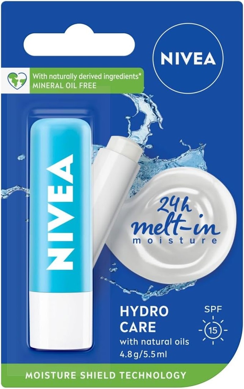 NIVEA Lip Balm Hydro Care with SPF 15 4.8G, Hydrating Lip Balm with Aloe Vera, Moisturising Lip Care with Natural Oils for 24H Moisture Care, Lip Balm SPF 15