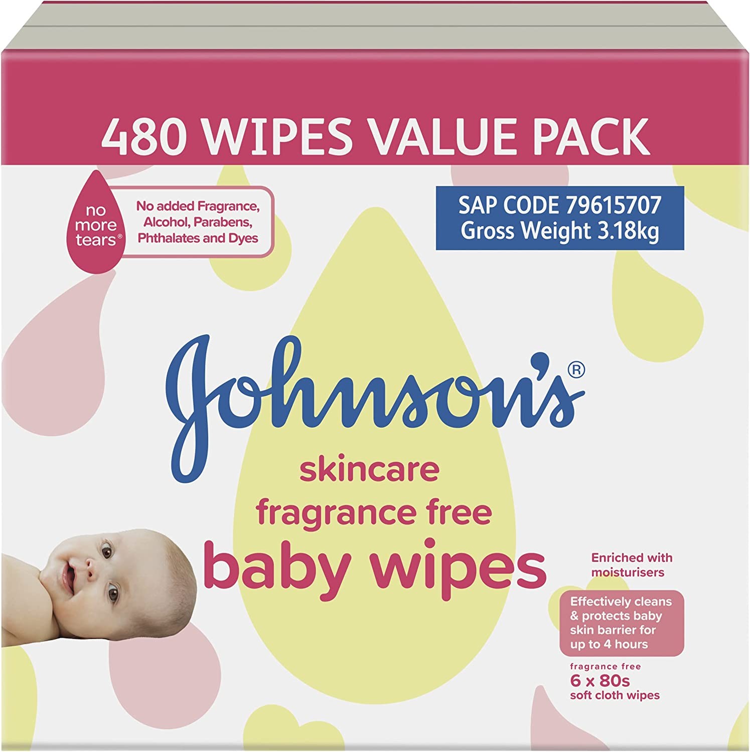 JOHNSON’S Baby Skincare Fragrance Free Baby Wipes 6 X 80 Pack