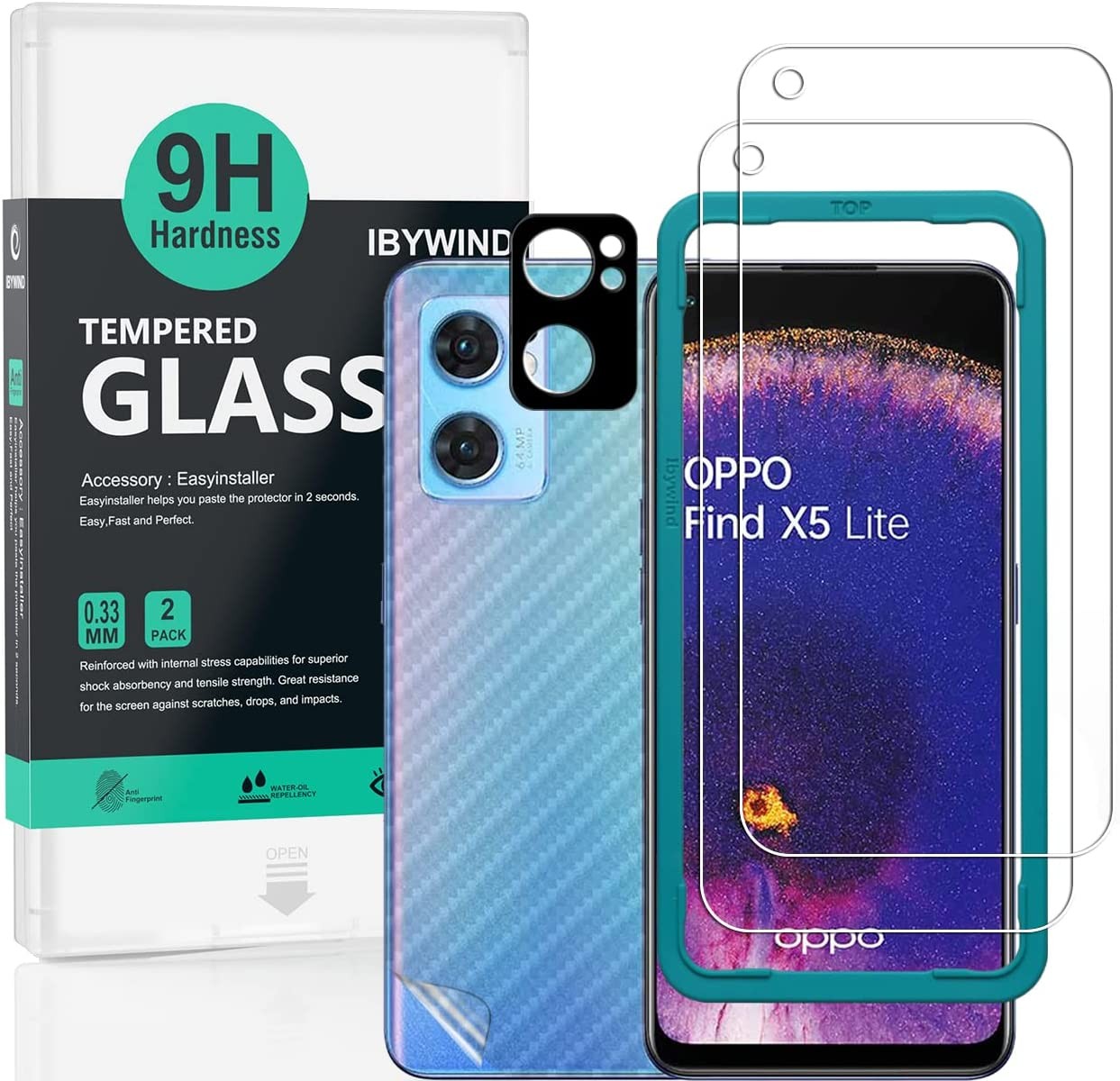 Ibywind Screen Protector for Oppo Find X5 Lite 5G 6.43″, [Pack of 2] with Metal Camera Lens Protector,Back Carbon Fiber Skin Protector,Including Easy Install Kit