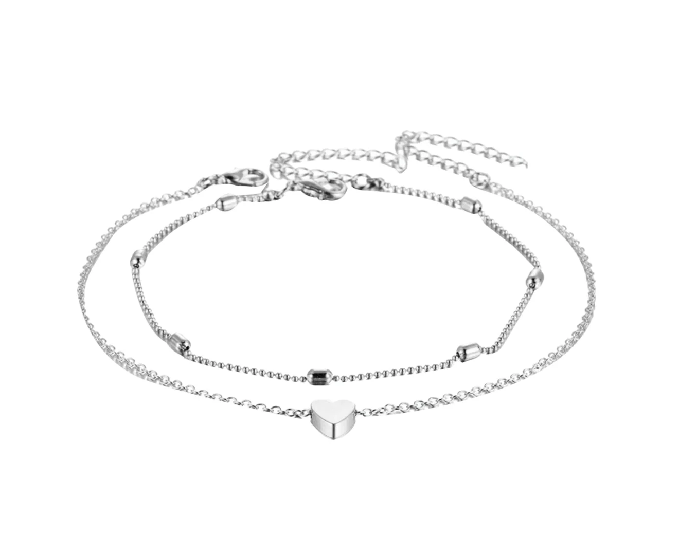 Double Layer Love Heart Charm Anklet Women Sandal Barefoot Ankle Bracelet Gift Silver