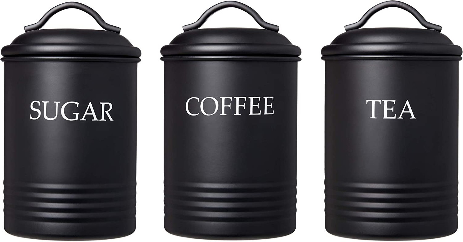 Steelware Central Kitchen Canister Set of 3 Sugar Coffee Tea with Lids Food Storage, Black