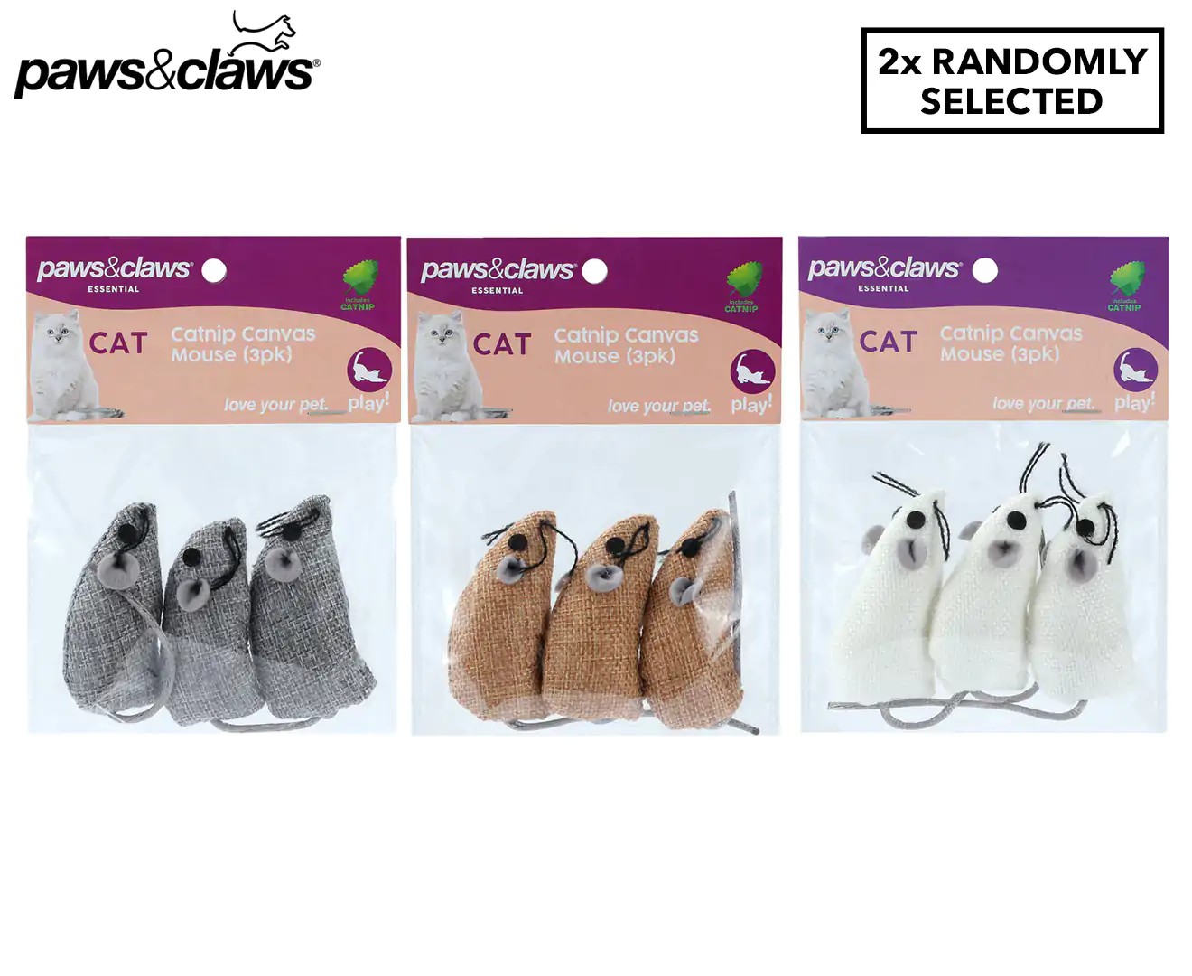 2 X 3Pk Paws & Claws 6.5X3Cm Catnip Canvas Mouse Toys – Randomly Selected