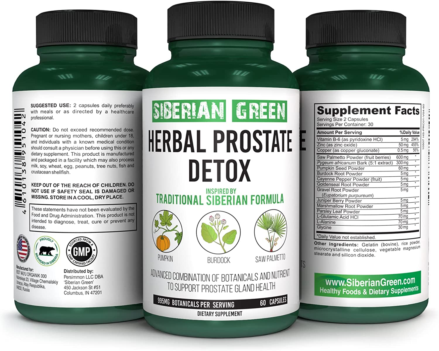 Siberian Green Herbal Prostate Detox 60 Capsules – Saw Palmetto Burdock Pumpkin Traditional Siberian Formula