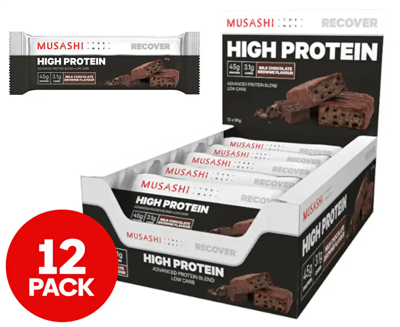 12 X Musashi High Protein Bars Milk Chocolate Brownie 90G