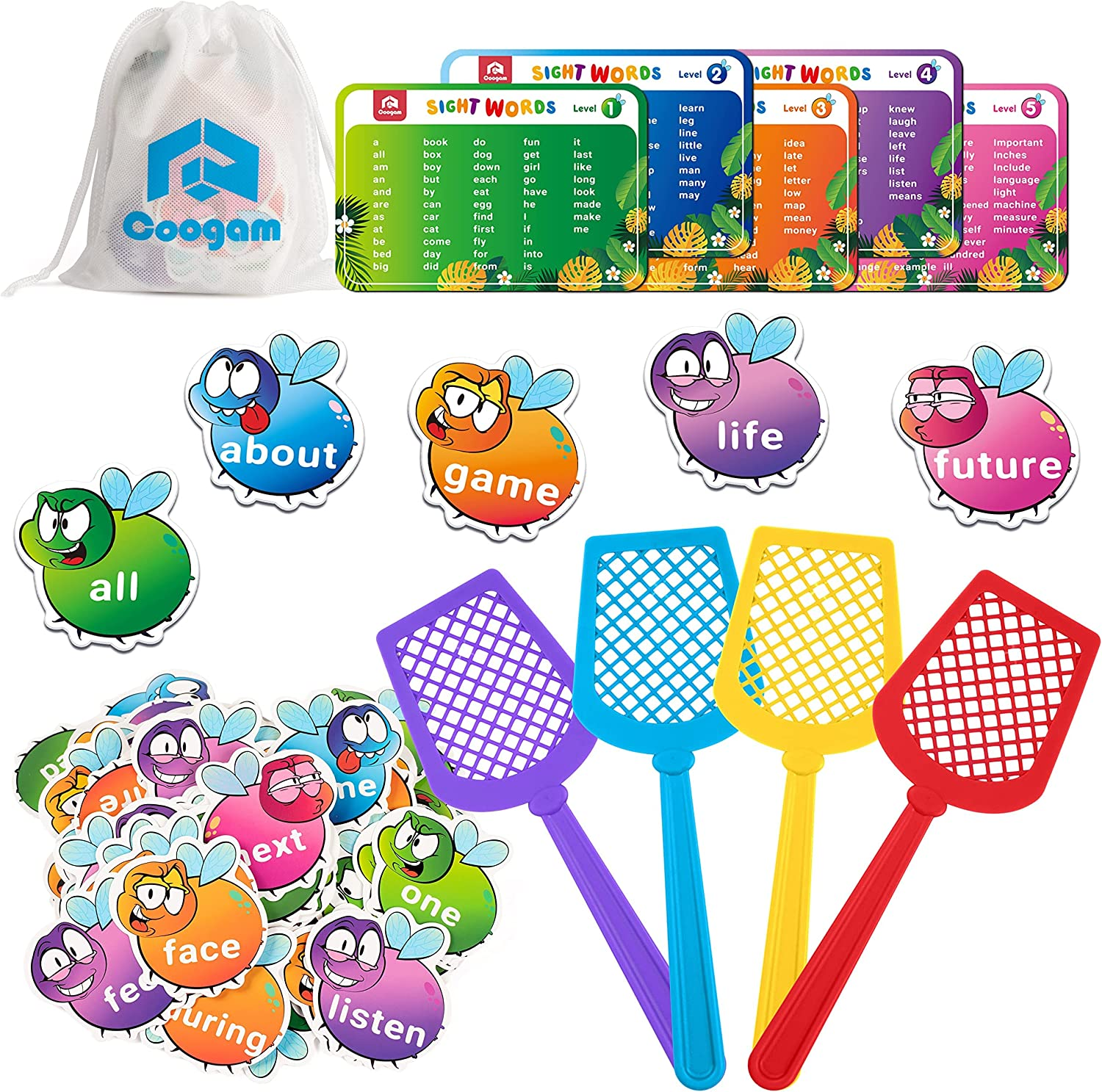 Coogam Sight Words Swat Game with 400 Fry Site Words and 4 Fly Swatters Set, Dolch Word List Phonics, Literacy Learning Reading Flash Cards Toy Games for Kindergarten,Home School Kids 3 4 5 Year Old