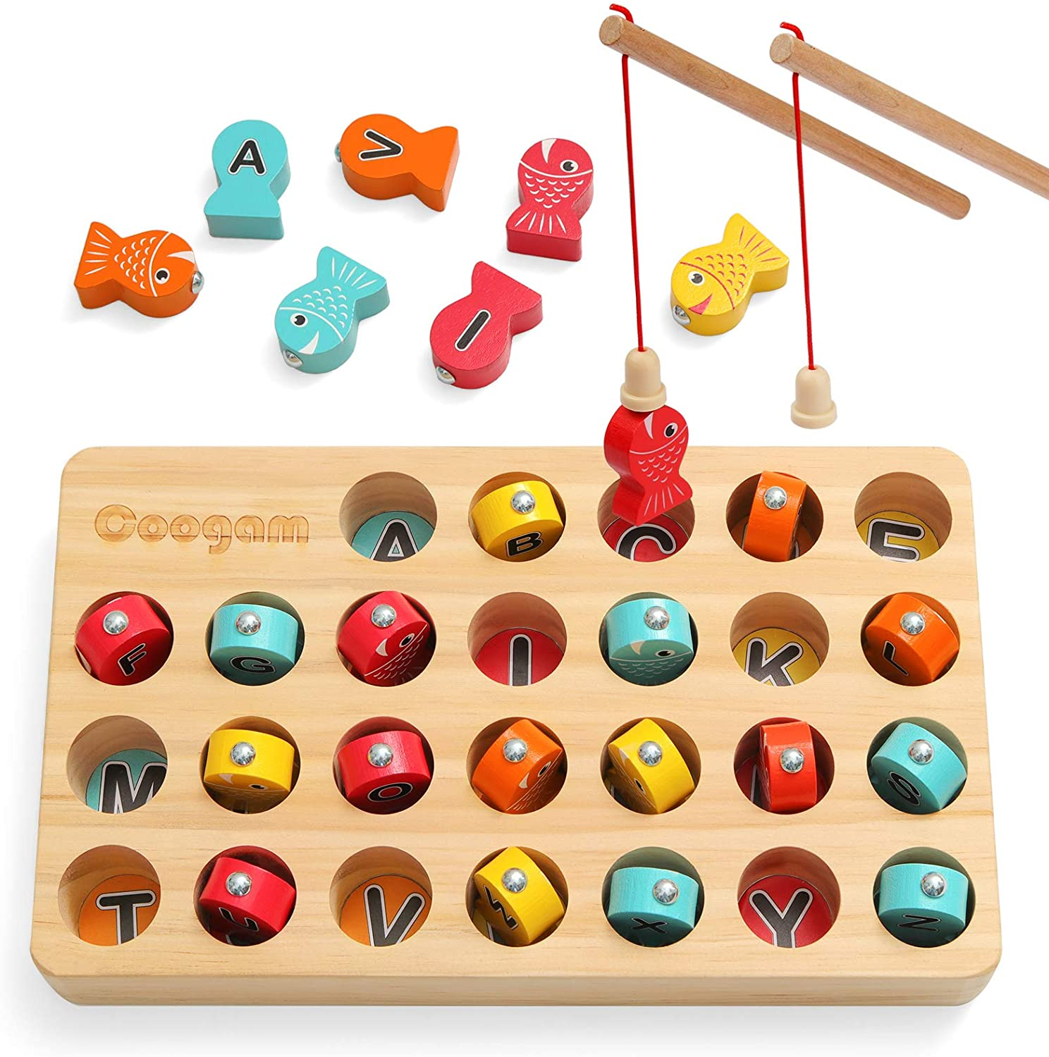 Coogam Wooden Magnetic Fishing Game, Fine Motor Skill Toy ABC Alphabet Color Sorting Puzzle, Montessori Letters Cognition Preschool 2 3 4 Years Old Toddler Kid Early Learning with 2 Pole