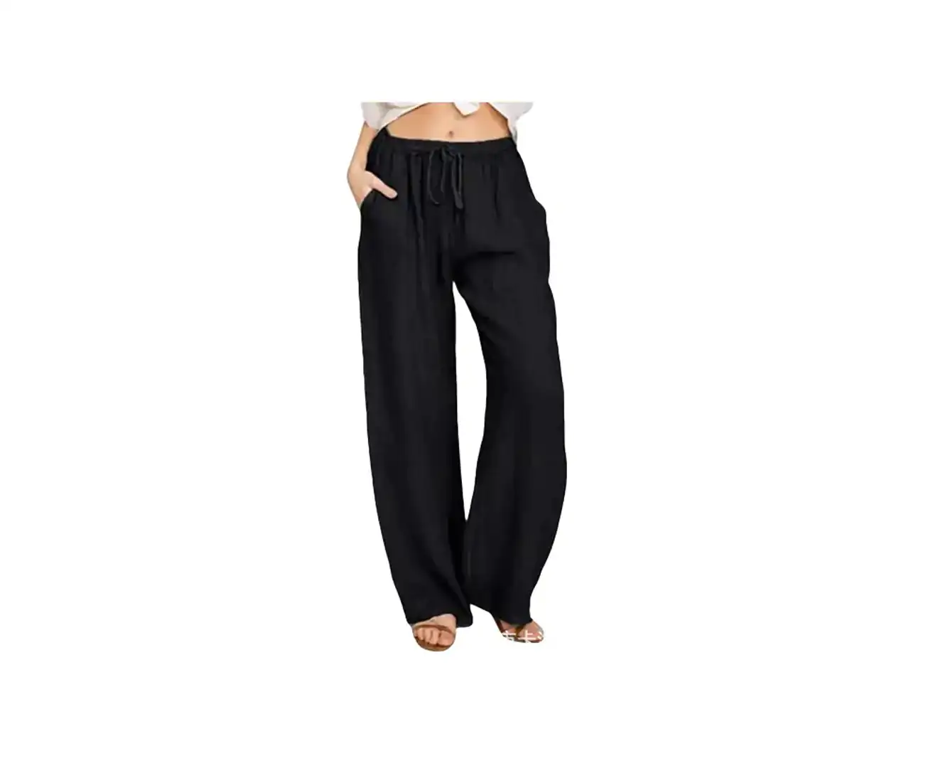 Biwiti Women'S Cotton Linen Pants Casual Drawstring Loose Elastic Waist  Beach Pant Trousers with Pockets -Black