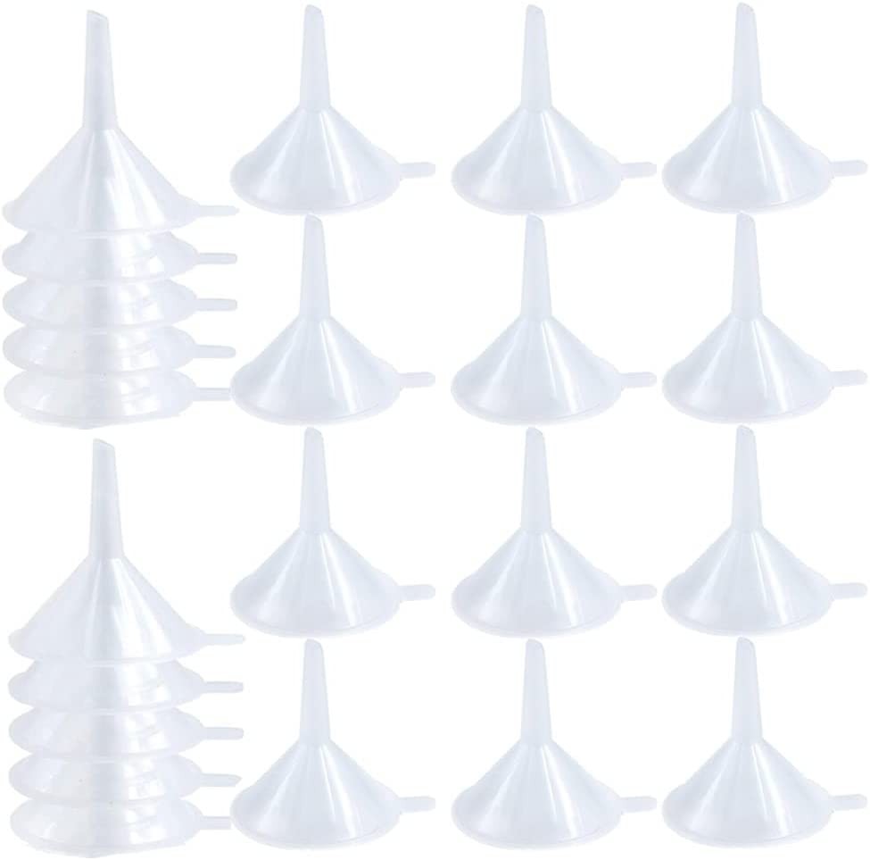 20Pcs Clear Mini Funnels, Plastic Travel Small Funnels for Filing Small Samples Perfumes, Essential Oil, Emulsion, Spices, Glitter Powder, Sand Art & DIY Craft