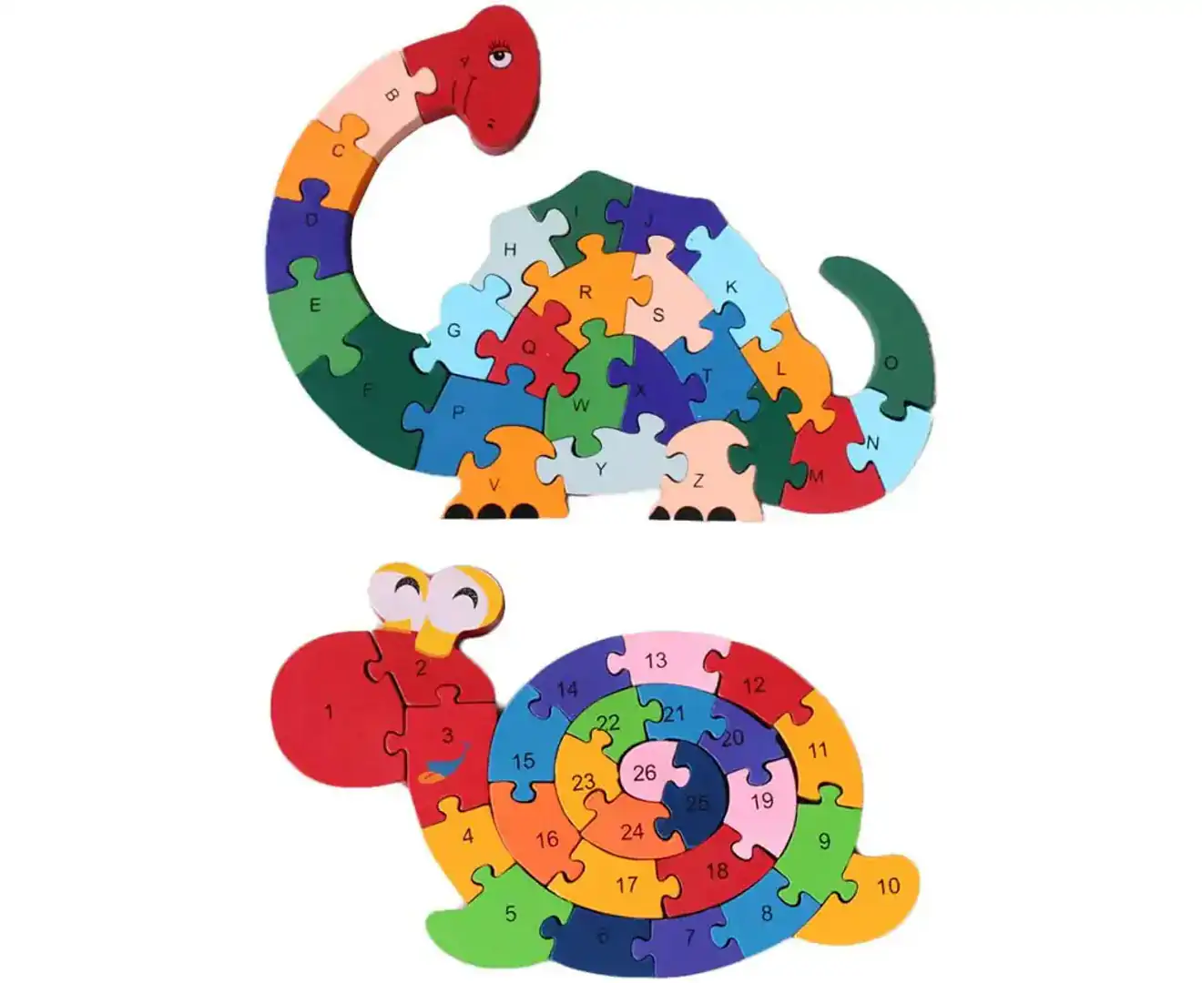 2Pcs Wooden Animal Puzzles, Alphabet Jigsaw Puzzle Building Blocks Alphabet Animal Puzzle for Children Toddlers-Snail& Dinosaur