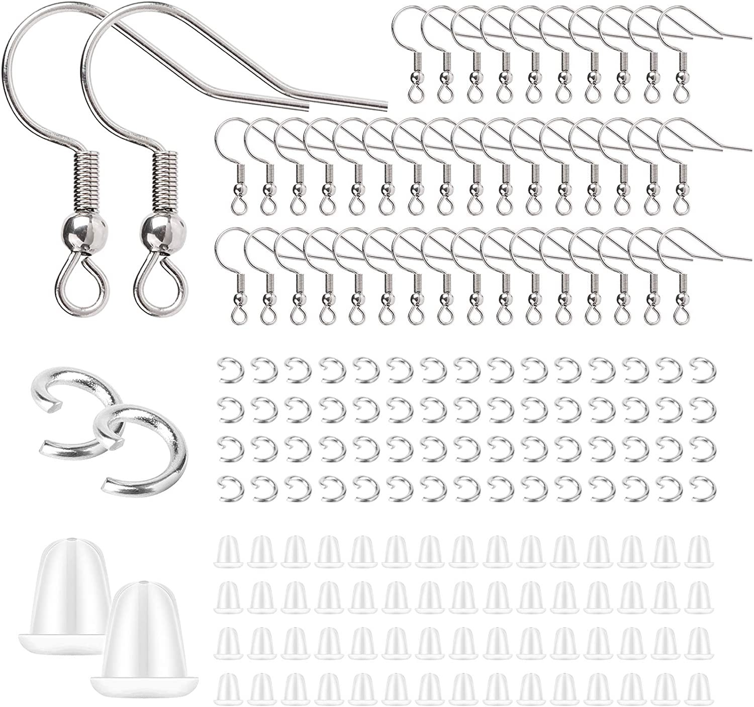 Stainless Steel Earring Hooks French Ear Wire, 600Pcs Earring Making Findings Parts Jewels DIY Supplies Kits, with Silicone Earring Backs Stoppers & Open Jump Ring