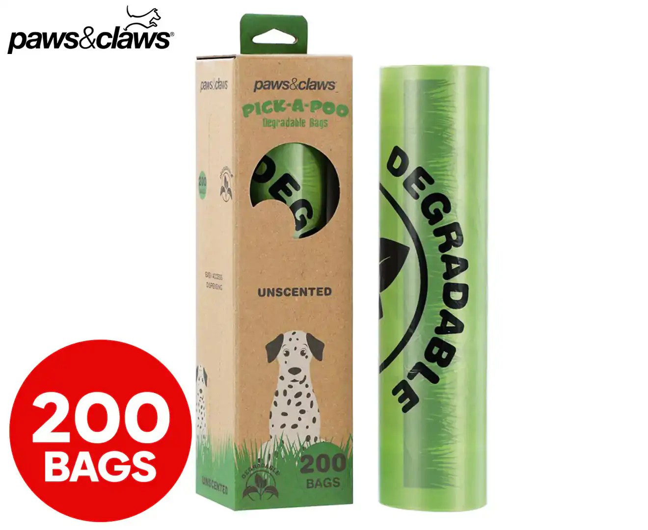 200Pk Paws & Claws Pick-A-Poo Degradable Waste Bags W/ In-Box Dispenser Unscented