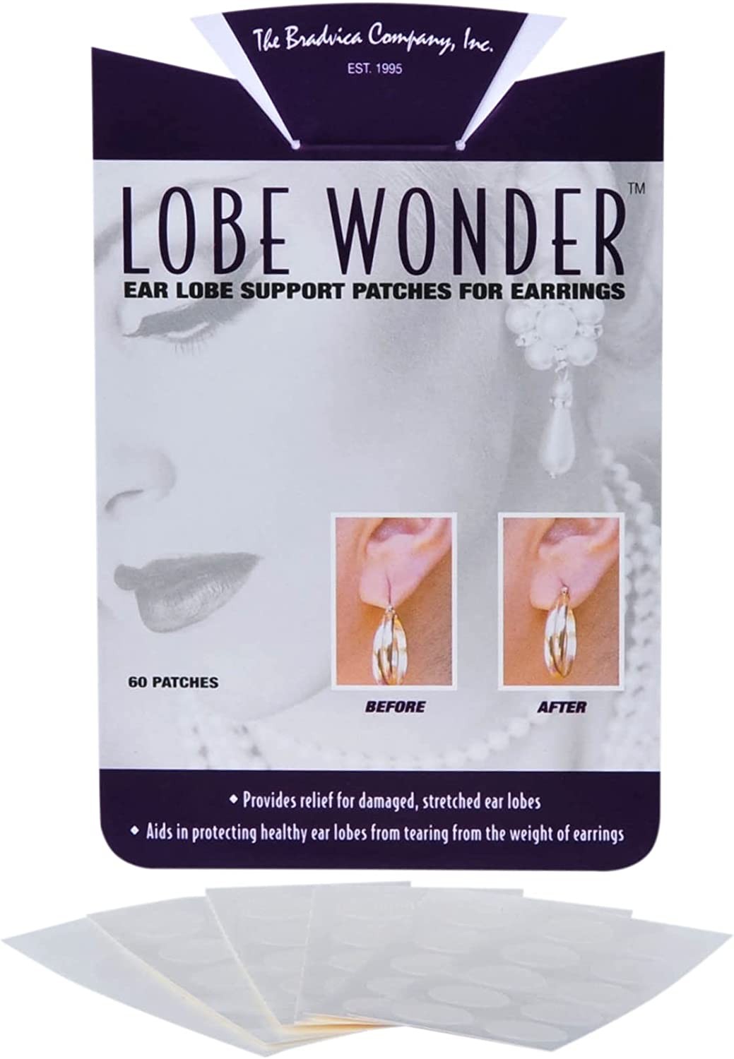 Lobe Wonder – the ORIGINAL Ear Lobe Support Patch for Pierced Ears – Eliminates the Look of Torn or Stretched Piercings – Protects Healthy Ear Lobes from Tearing – 60 Patches – Clear & Latex-Free