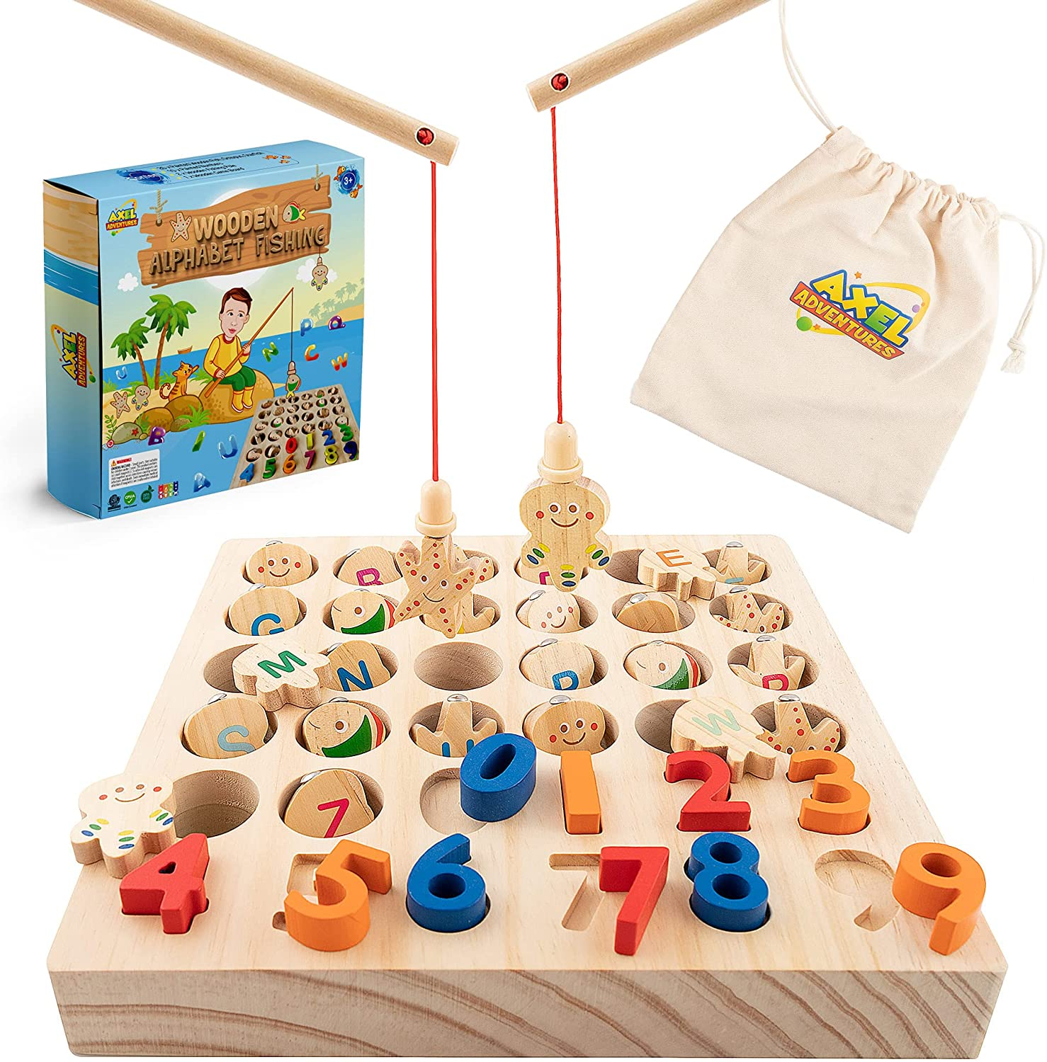 Magnetic Fishing Game ABC Learning Toy for Toddlers, Colour Sorting Montessori Preschool Educational Toy Promotes Letter Number Recognition and Fine Motor Skills, Includes 2 Poles and Storage Bag