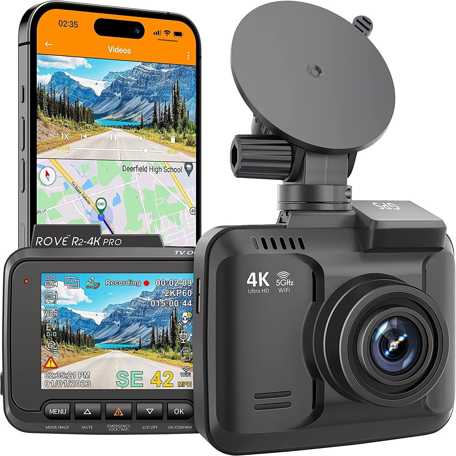 ROVE R2-4K PRO Dash Cam, Built-In GPS, 5G Wifi Camera for Cars, 2160P UHD 30Fps Dashcam with APP, 2.4” IPS Screen, Night Vision, WDR, 150° Wide Angle, 24-Hr Parking Mode, Supports 512GB Max, Black