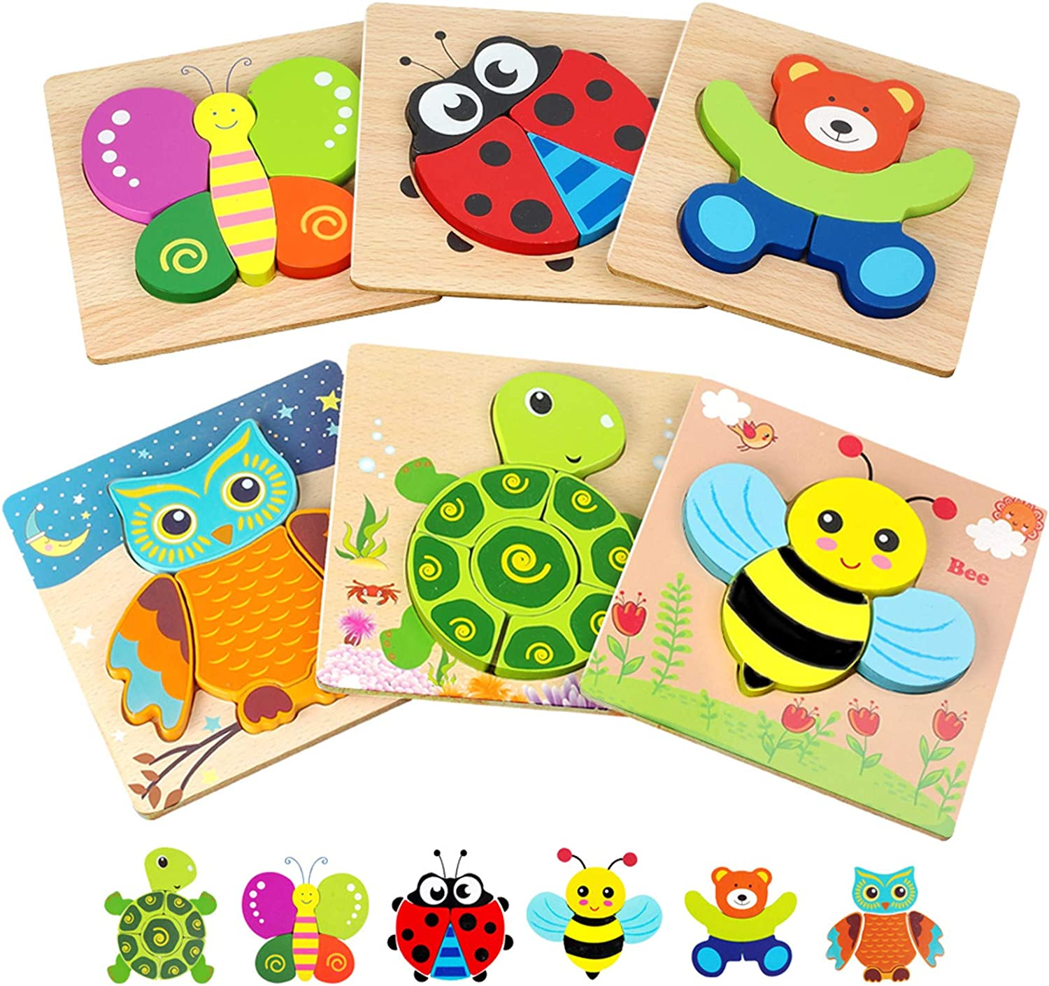 Toddler Puzzles, Wooden Jigsaw Animals Puzzles for 1 2 3 Year Old Girls Boys Toddlers, Educational Preschool Toys Gifts for Colors & Shapes Cognition Skill Learning