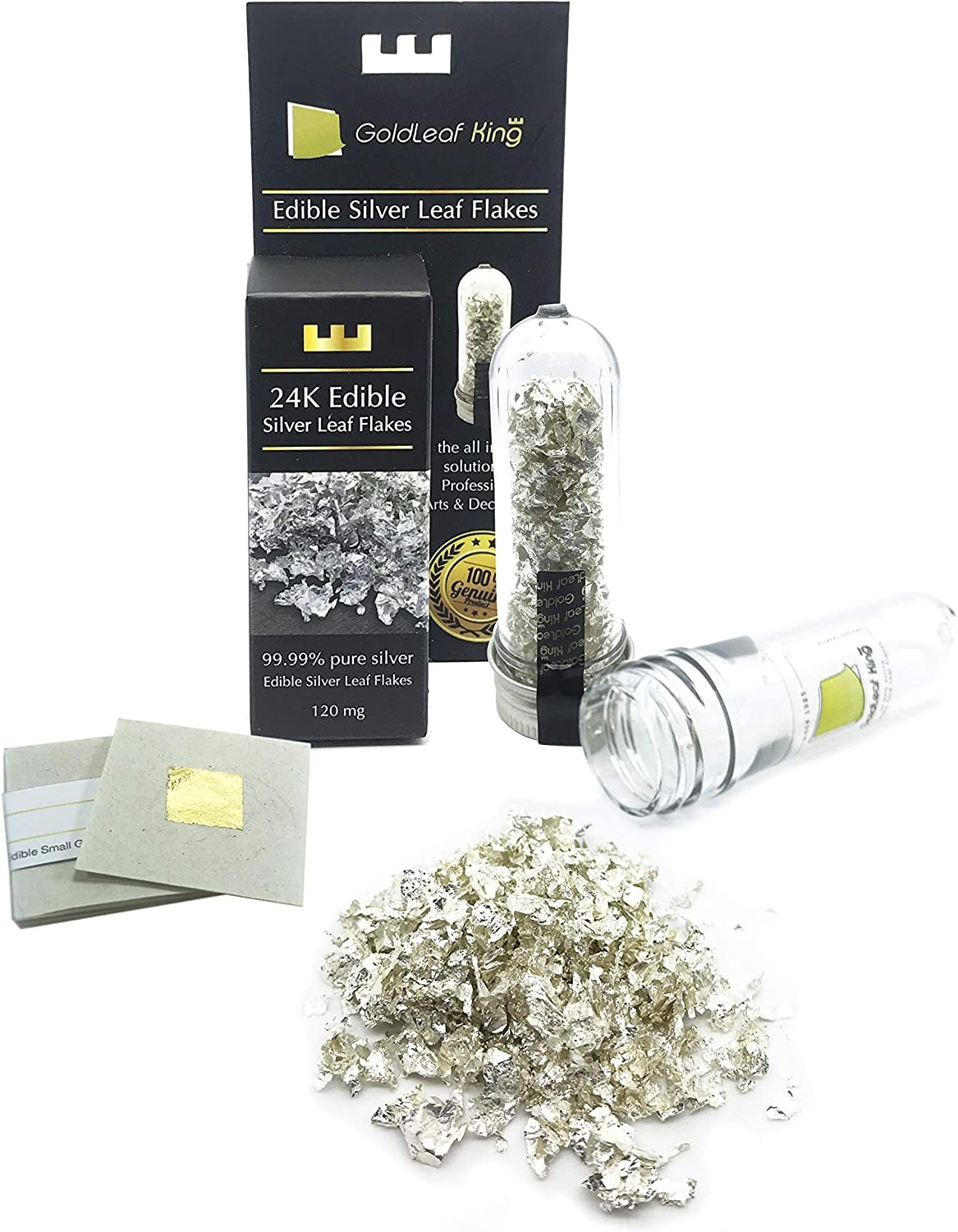 Goldleafking Edible Silver Leaf Flakes Genuine 99.99% Purity – 120Mg Bottle | Multi Purpose Food, Cake, Artworks | Perfect Use with Edible Glitter Edible Gold Leaf | + Free 10 Small Gold Leaf Sheets