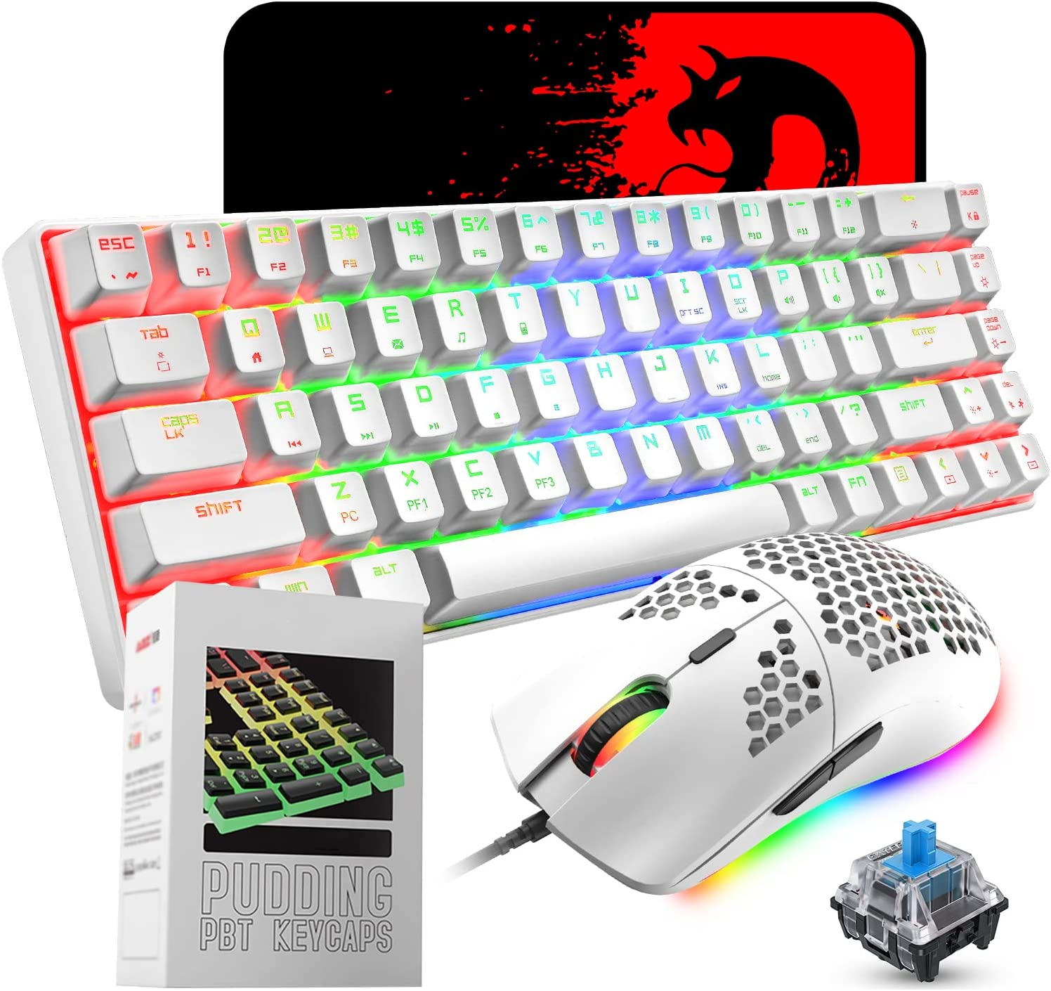 60% Mechanical Gaming Keyboard Mini 68 Keys Wired Type C 18 RGB Backlight  Effects,Lightweight RGB 6400DPI Honeycomb Mouse,Large Mouse Pad Compatible