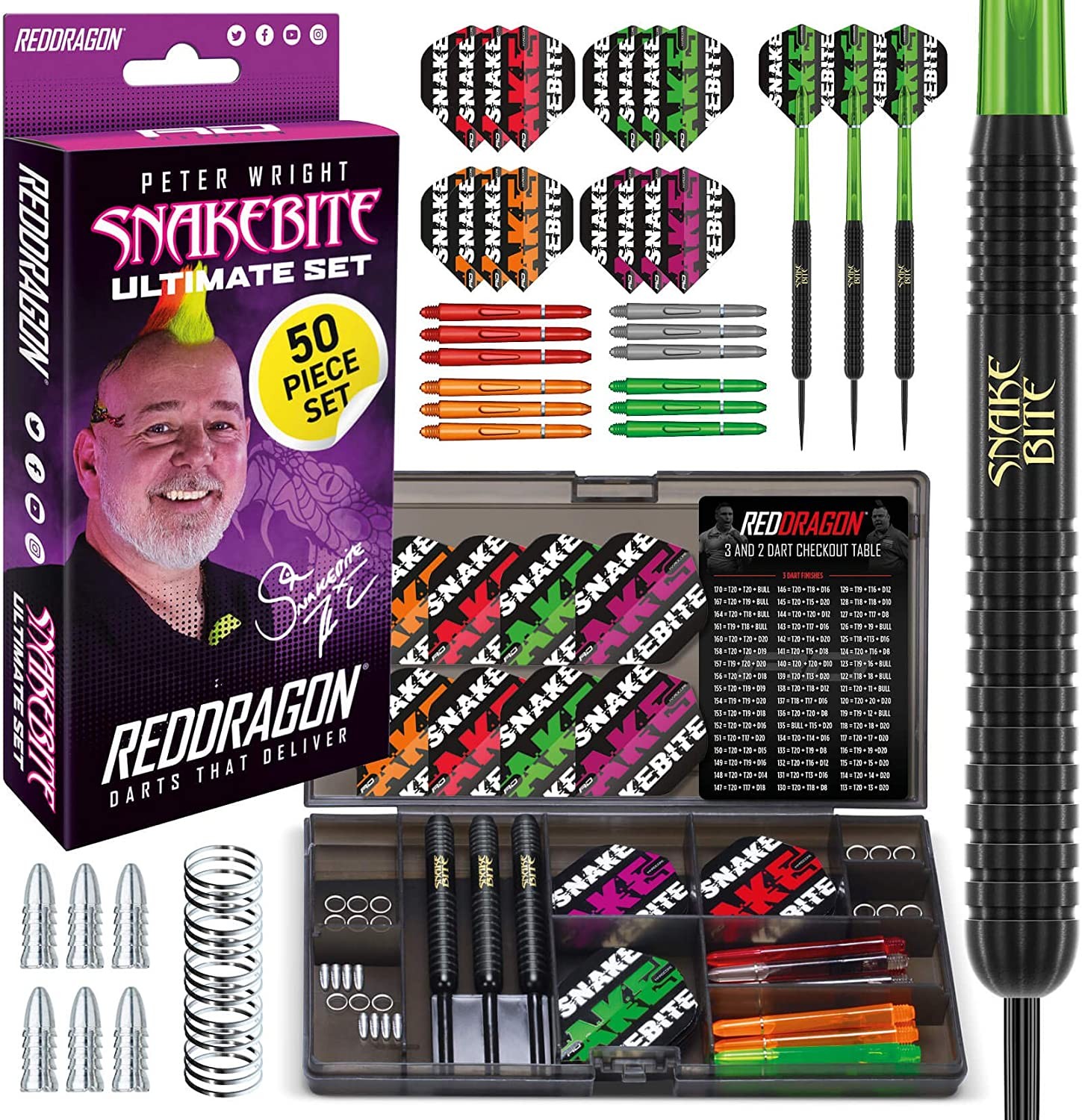 RED DRAGON Peter Wright Snakebite Ultimate 50 Piece Darts and Accessory Set – 22 Gram Dart Set