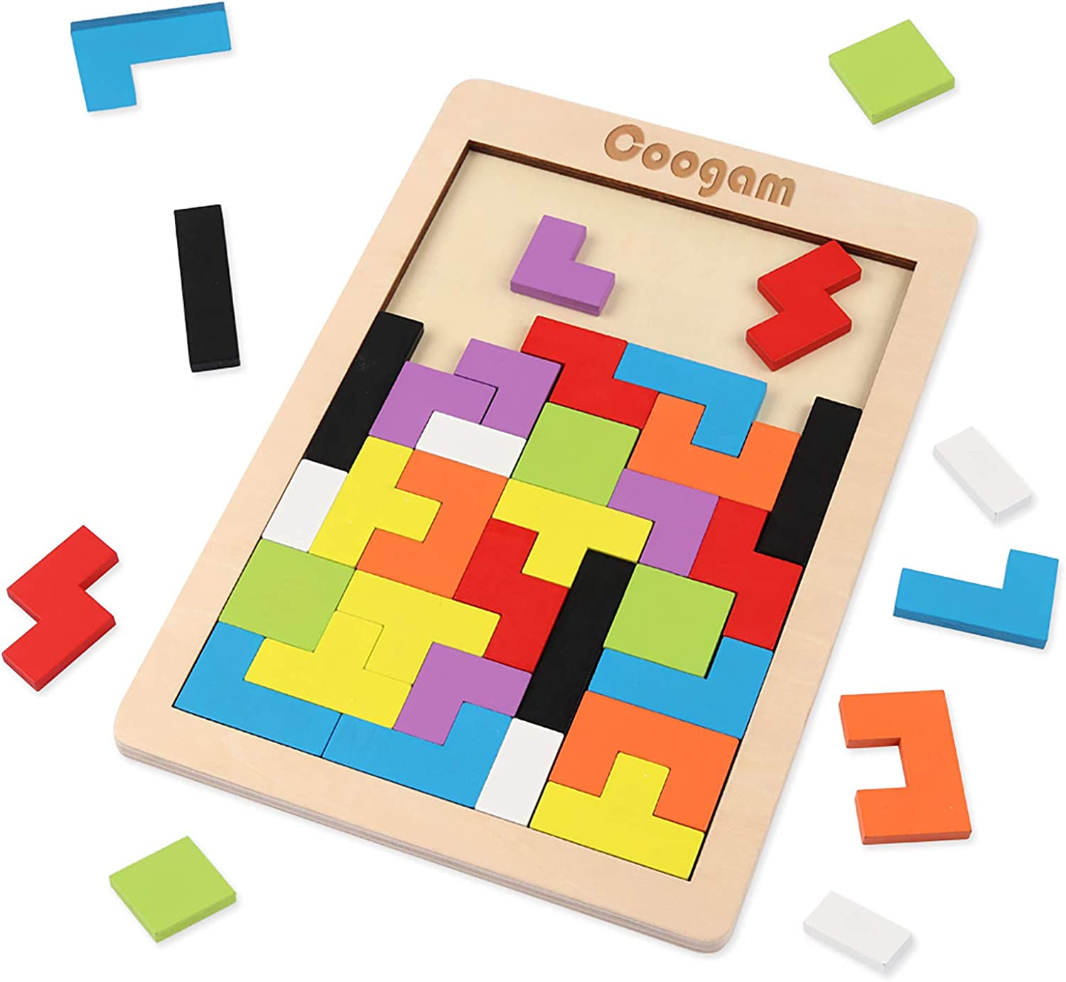 Coogam Wooden Puzzle Brain Teasers Toy Tangram Jigsaw Intelligence Colorful 3D Russian Blocks Game STEM Montessori Educational Baby Kids (40 Pcs)