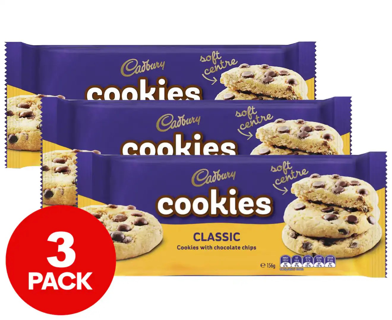 3 X Cadbury Cookies Classic Soft Centre Choc Chip 156G