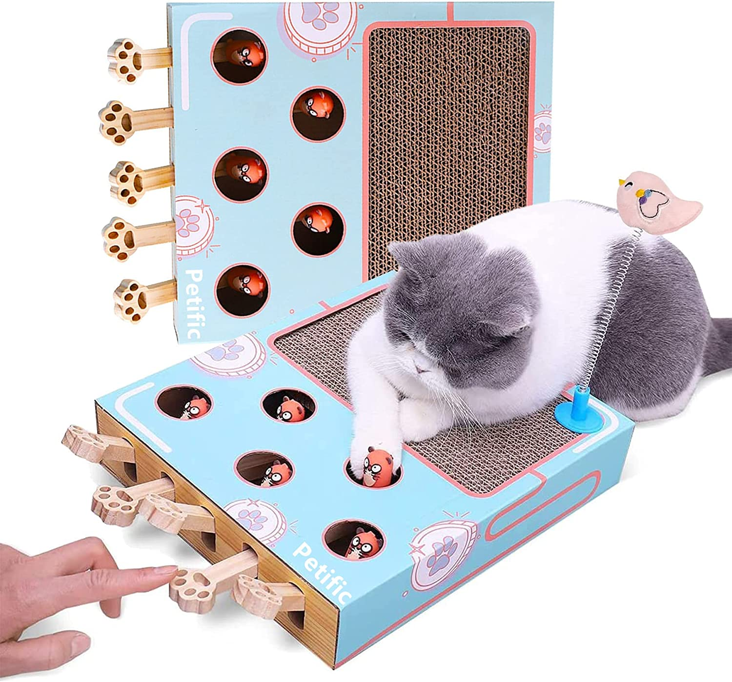 3 In 1 Corrugated Cardboard Cat Scratcher Cat Scratch Pad with Whack a Mole Game and Funny Cat Stick Multi Purpose Scratching Pad Thickened Durable