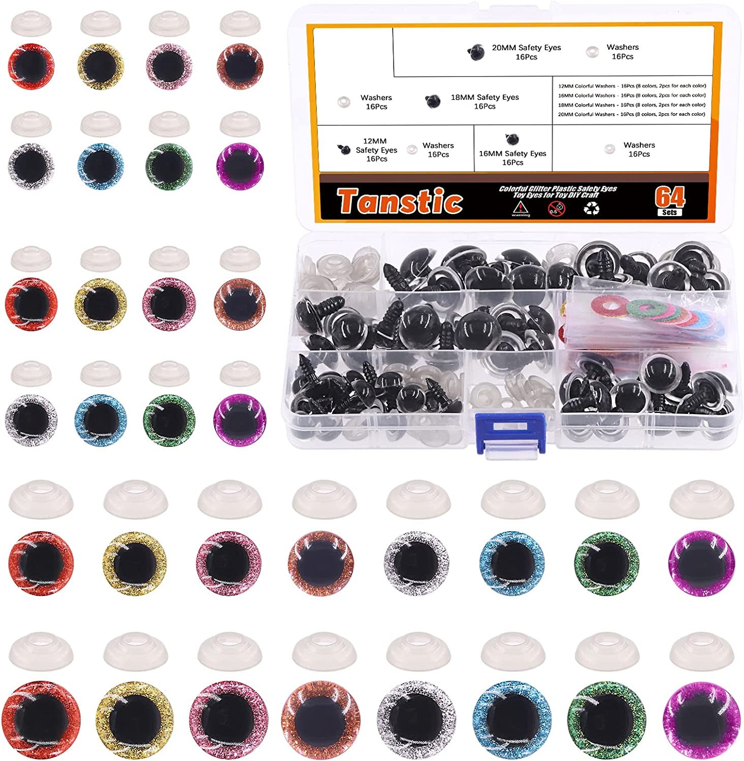 Tanstic 64Pcs Glitter Plastic Safety Eyes with Washers 12Mm 16Mm 18Mm 20Mm 8 Colors Half round Craft Doll Eyes Stuffed Animal Eyes Toy Eyes