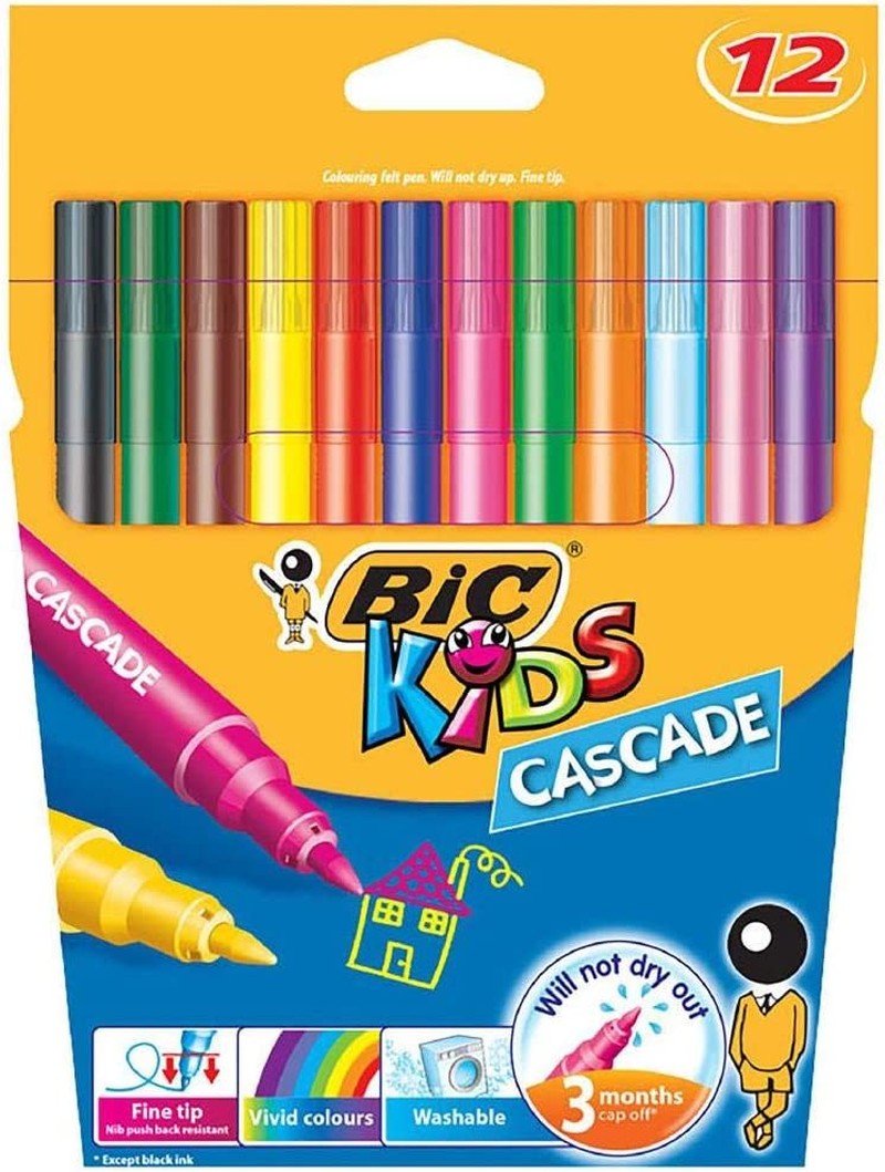 BIC Kids Cascade Fine Felt Tip Pens – Assorted Colours, Pack of 12 Colouring Markers, 926556