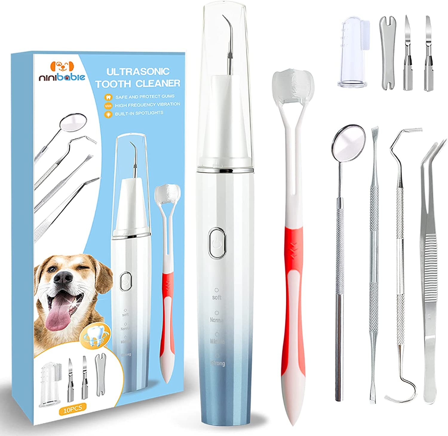 Ninibabie Dog Tooth Brushing Kit,Plaque and Tartar Remover for Teeth,Pet Ultrasonic Teeth Cleaning Kit, 100%-Proven Safe with Led 4-Adjustable Modes,Dog Toothbrush,Dental Care for Dog and Cat