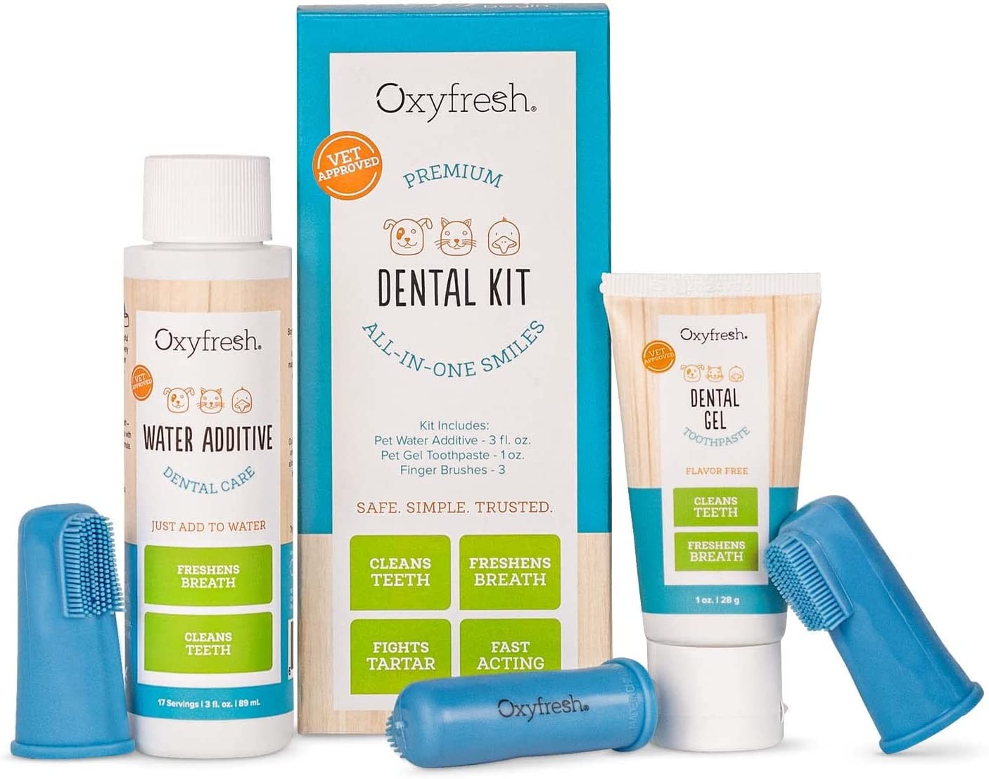 Oxyfresh Premium Pet Dental Kit from Best Bad Breath Treatment for Dogs & Cats – Easy Safe & Effective Solution – Travel Size – Unflavored Pet Toothpaste, Pet Fingerbrush, and Pet Dental Spray