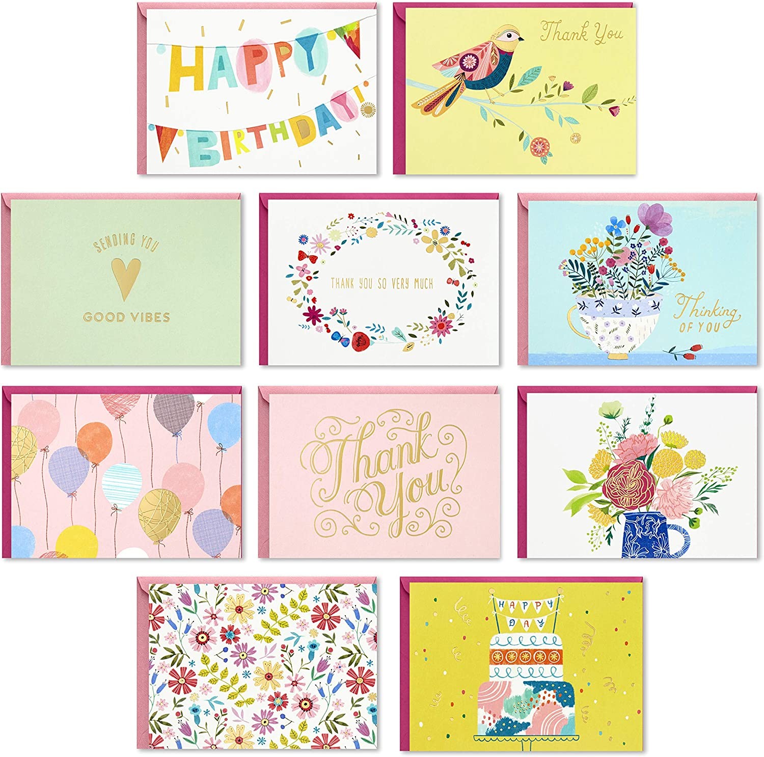 Hallmark Pack of 30 Assorted Boxed Greeting Cards, Good Vibes—Birthday, Thinking of You, Thank You, Blank Cards