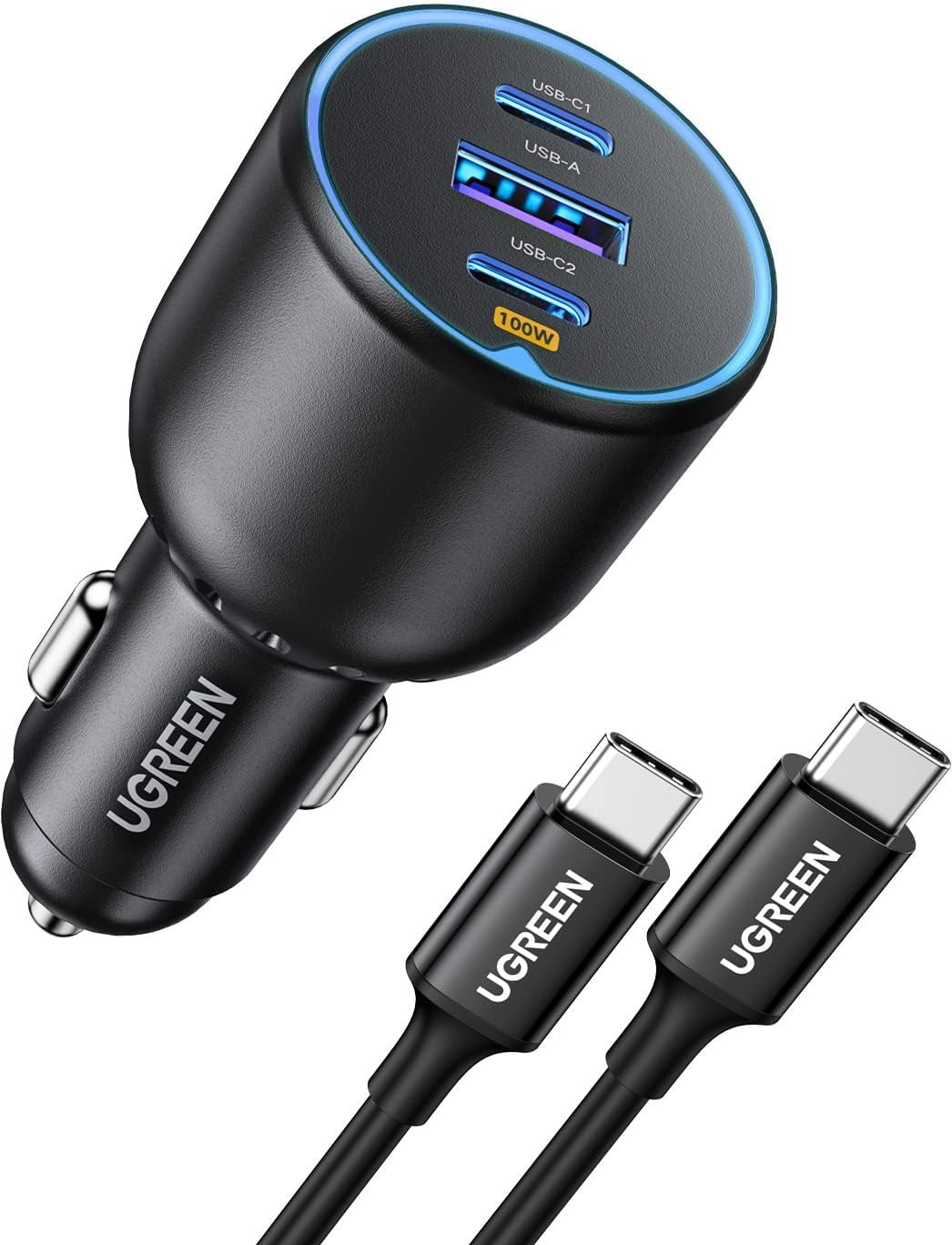 UGREEN 130W USB C Car Charger, 3 Port Car Charger PD3.0/QC4.0/PPS, Car USB Charger with LED Display, Compatible with Macbook, Ipad, Iphone 15 Pro Max, Galaxy S23/S22/S21 (100W USB C Cable Included)