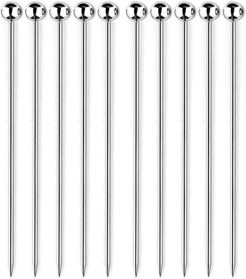 WALFESHOO 10PCS Stainless Steel Cocktail Metal Toothpicks Picks (4.3Inch) for Drinks Cocktails,Mixing Cocktail,Fruit (Silver)