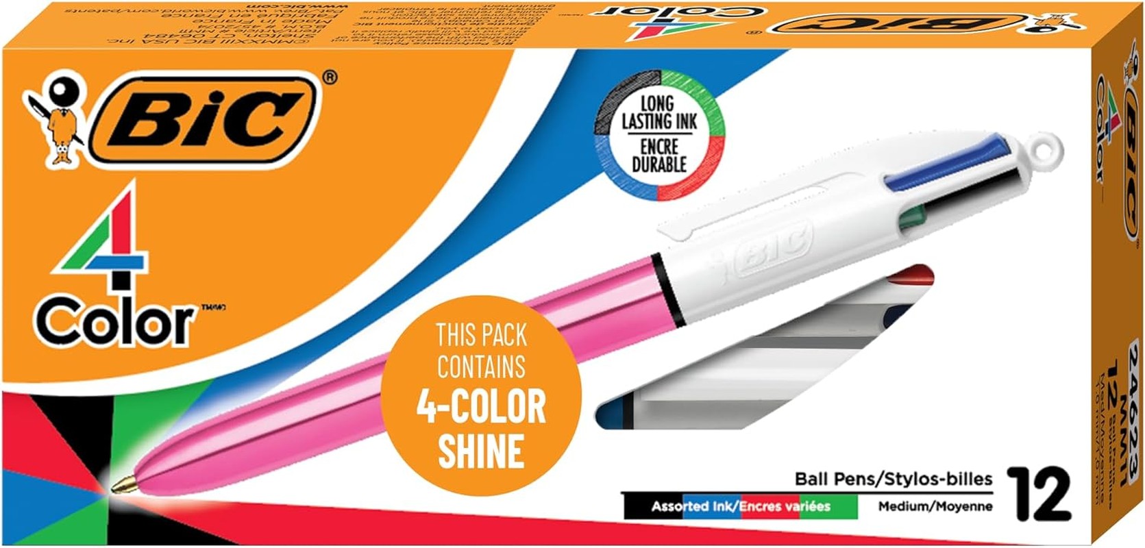 BIC MM11 4 Colours Original Retractable Ball Pen Medium Point (1.0 Mm) – Box of 12 Pens